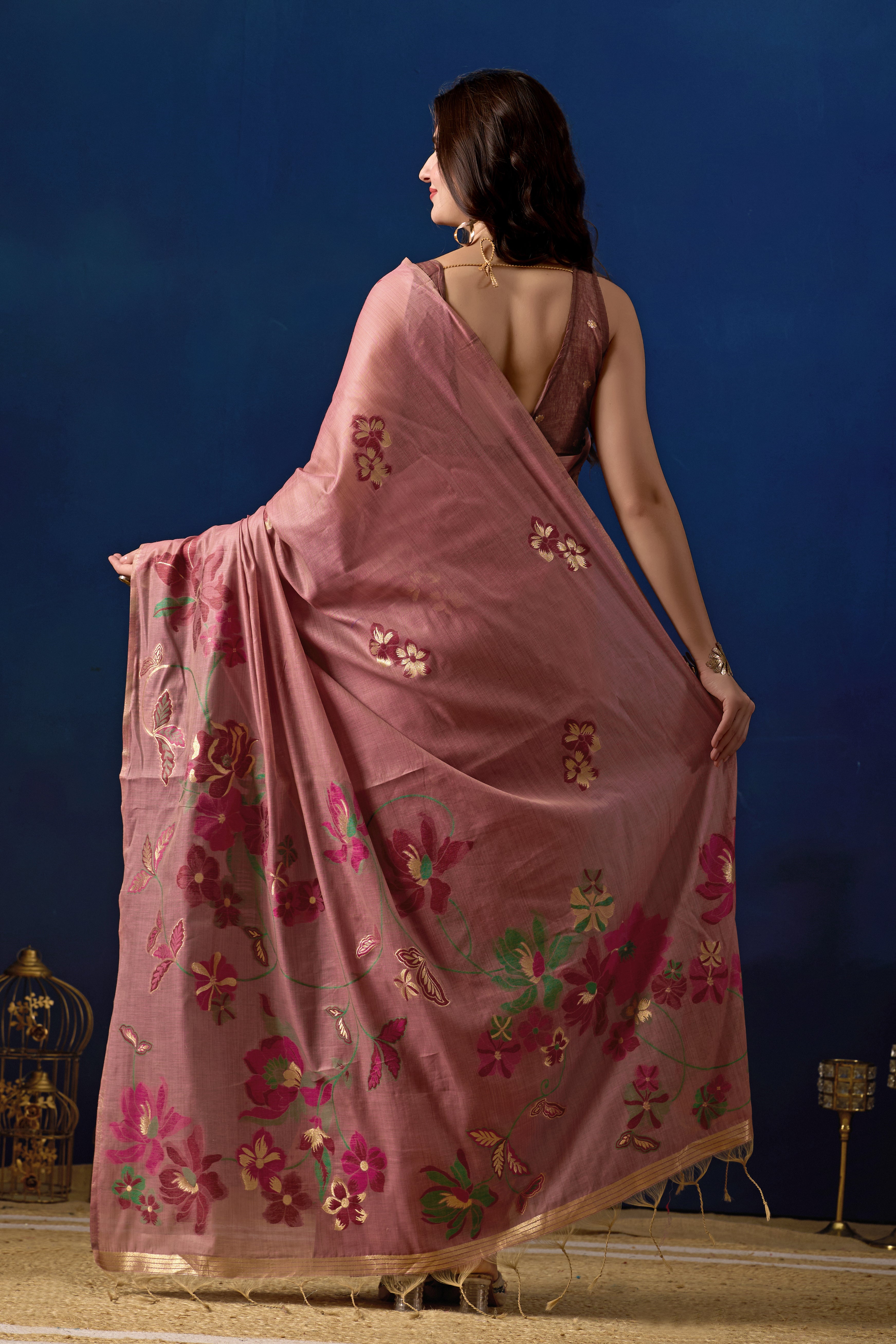 Elegant Floral Weave Muga Cotton Silk Saree in Wine with Dark Wine Contrast