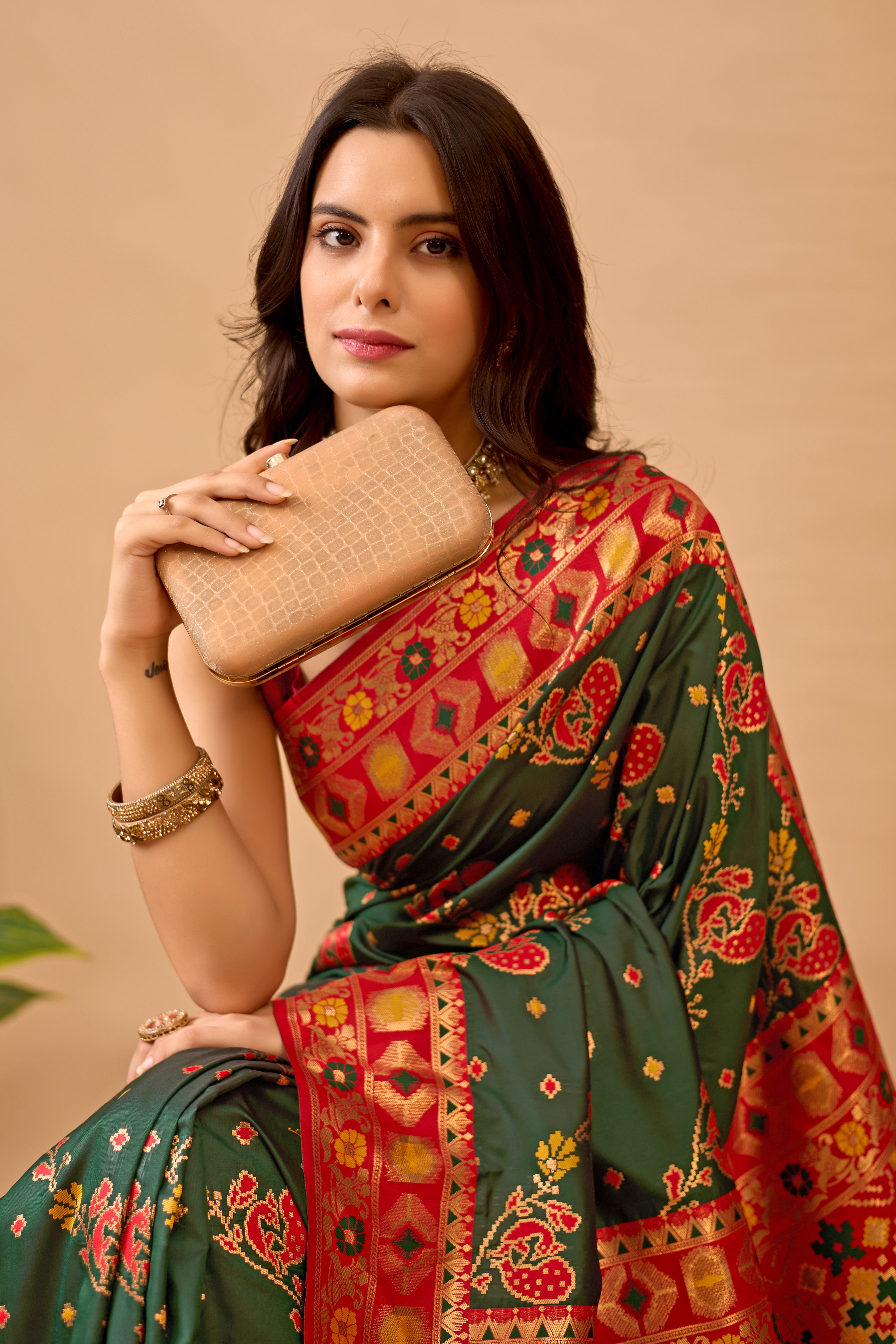 Dark Green Banarasi Silk Saree with Peacock Motifs & Red Contrast Pallu