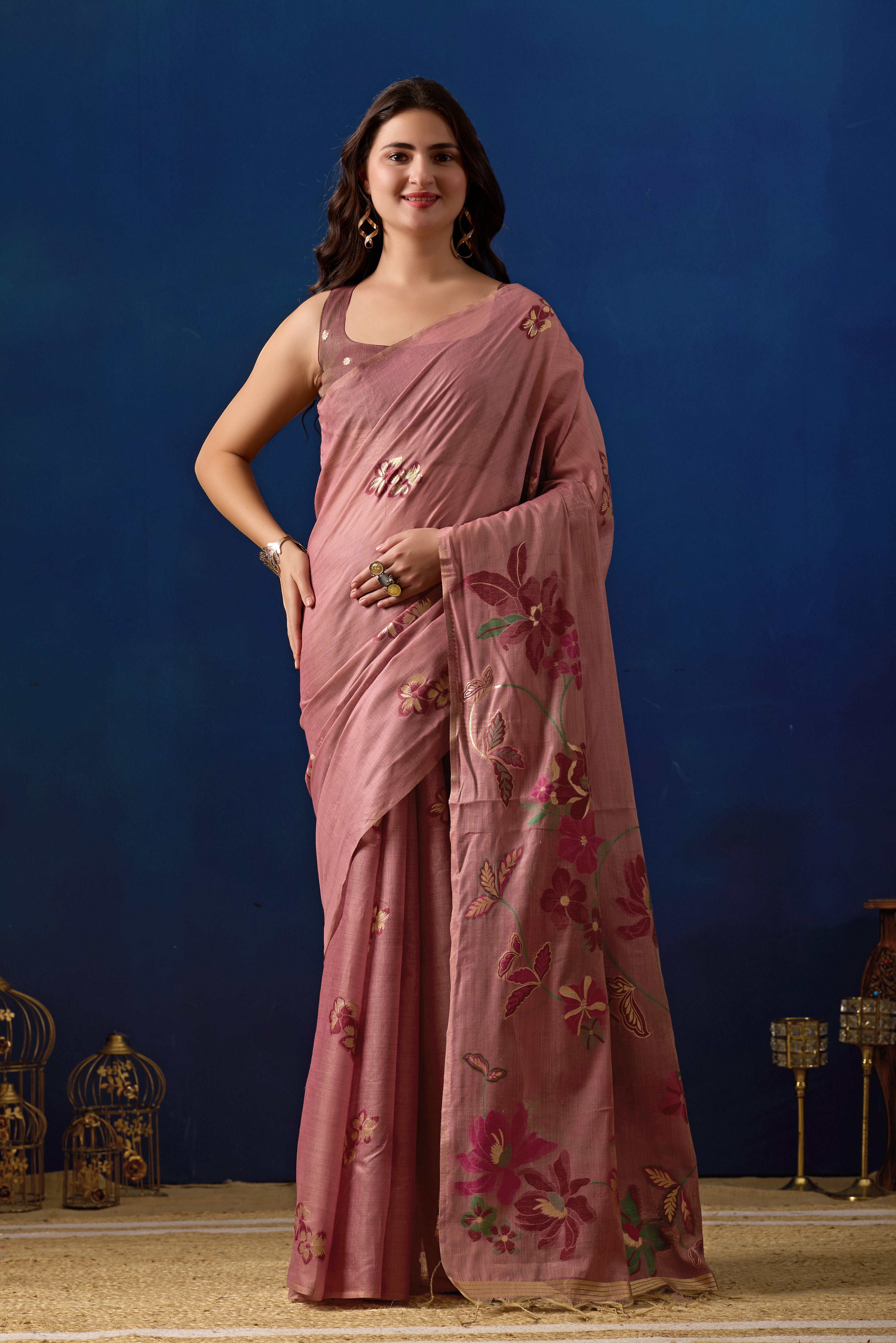 Elegant Floral Weave Muga Cotton Silk Saree in Wine with Dark Wine Contrast
