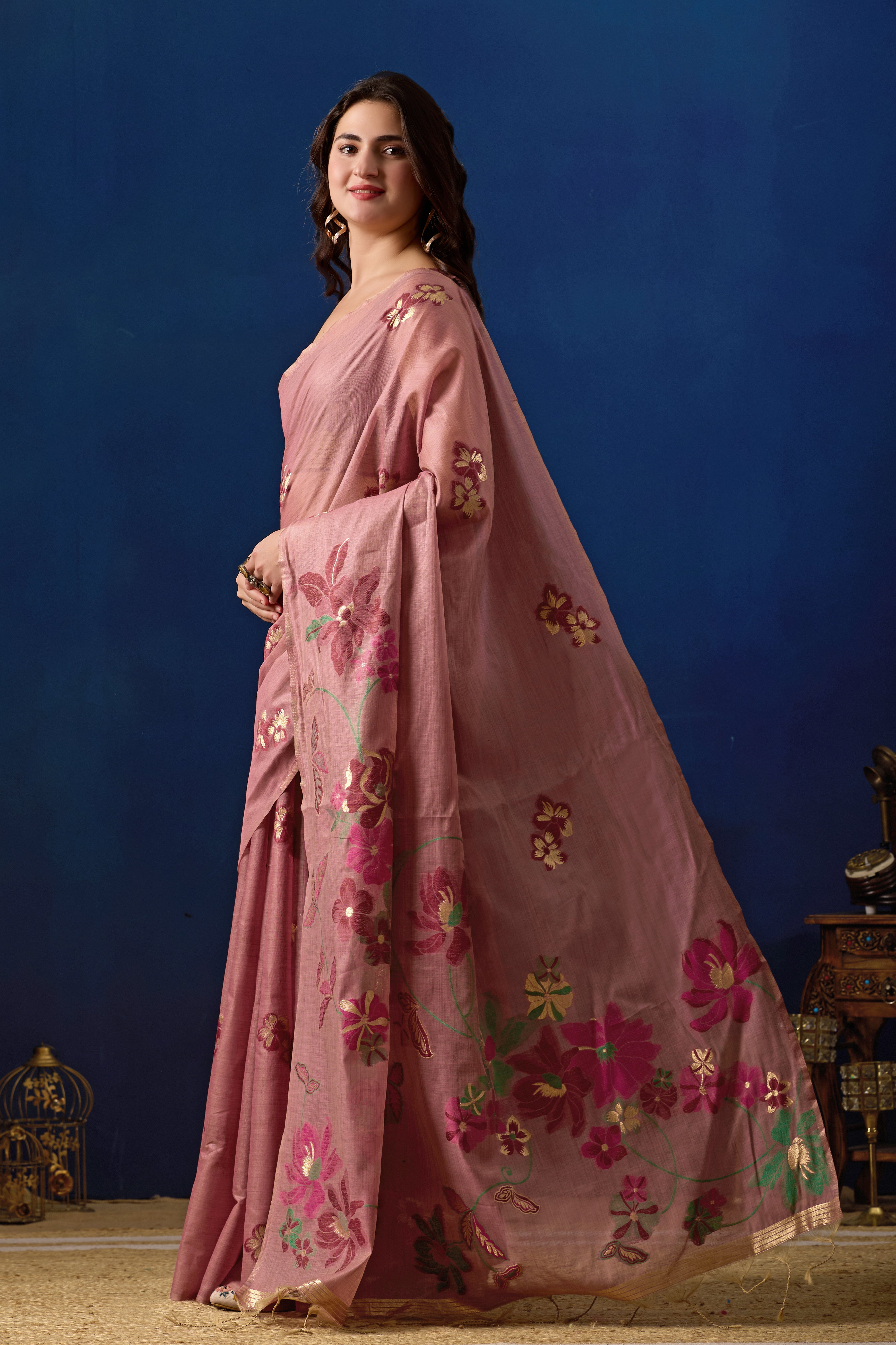 Elegant Floral Weave Muga Cotton Silk Saree in Wine with Dark Wine Contrast