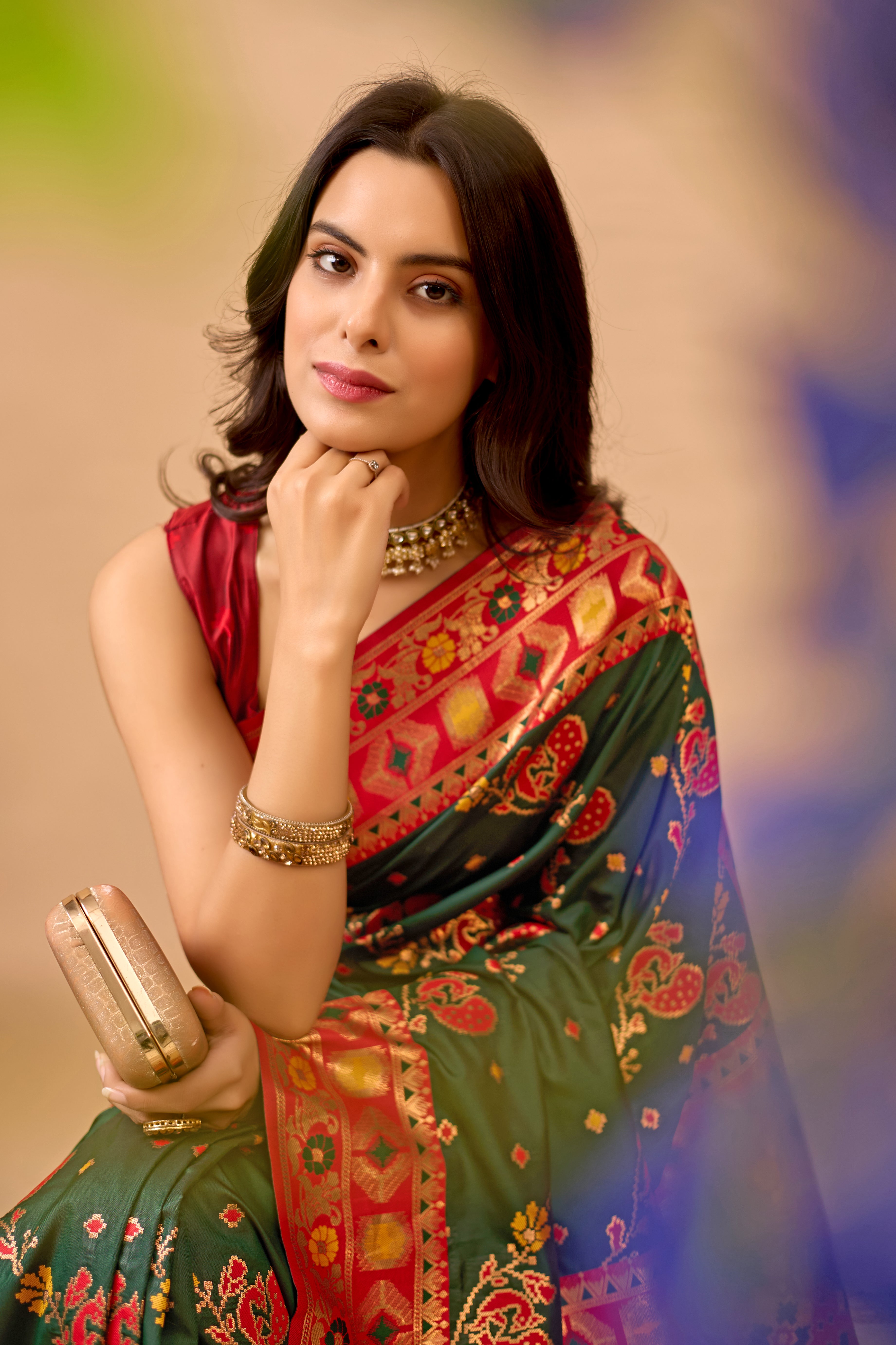 Dark Green Banarasi Silk Saree with Peacock Motifs & Red Contrast Pallu