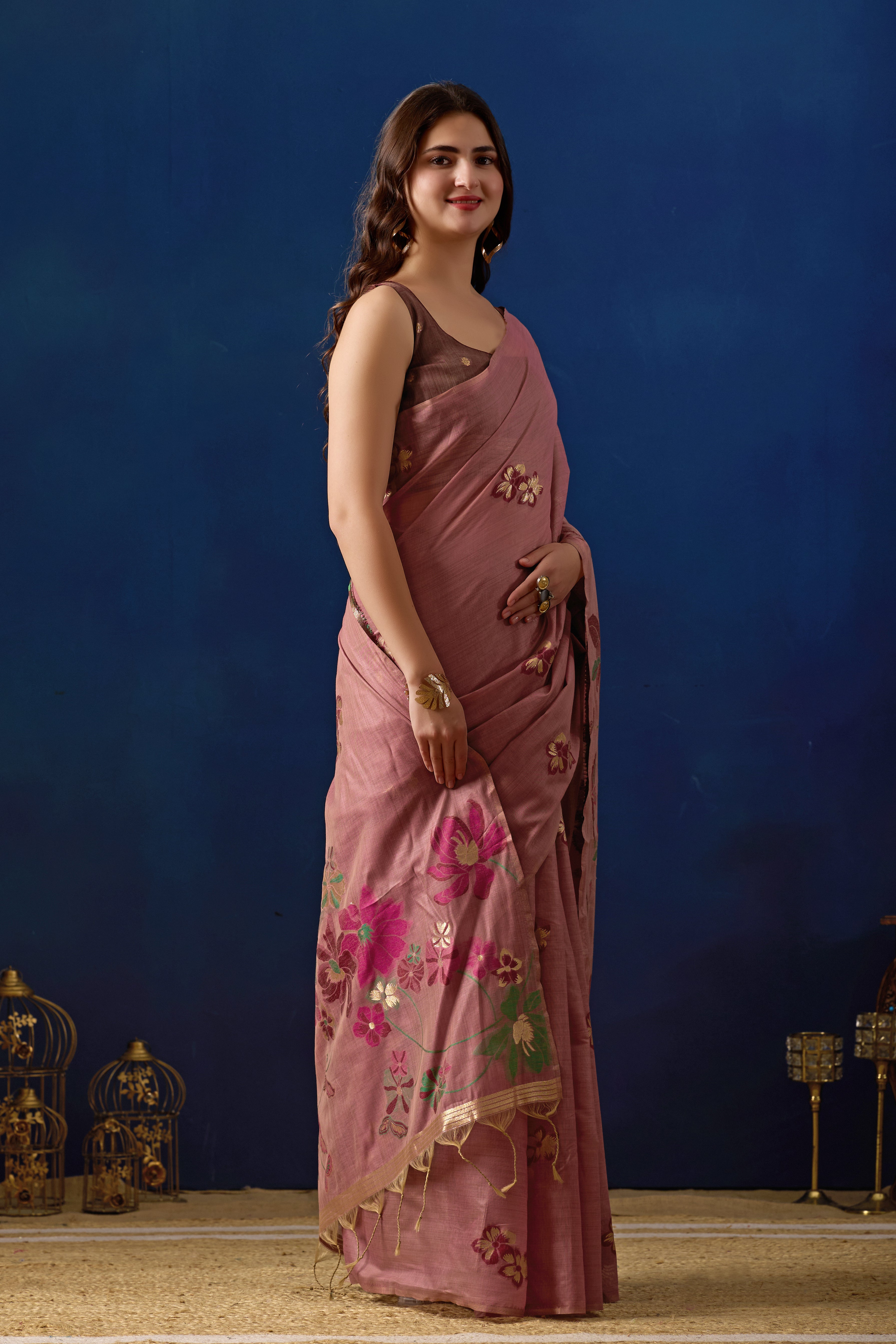 Elegant Floral Weave Muga Cotton Silk Saree in Wine with Dark Wine Contrast