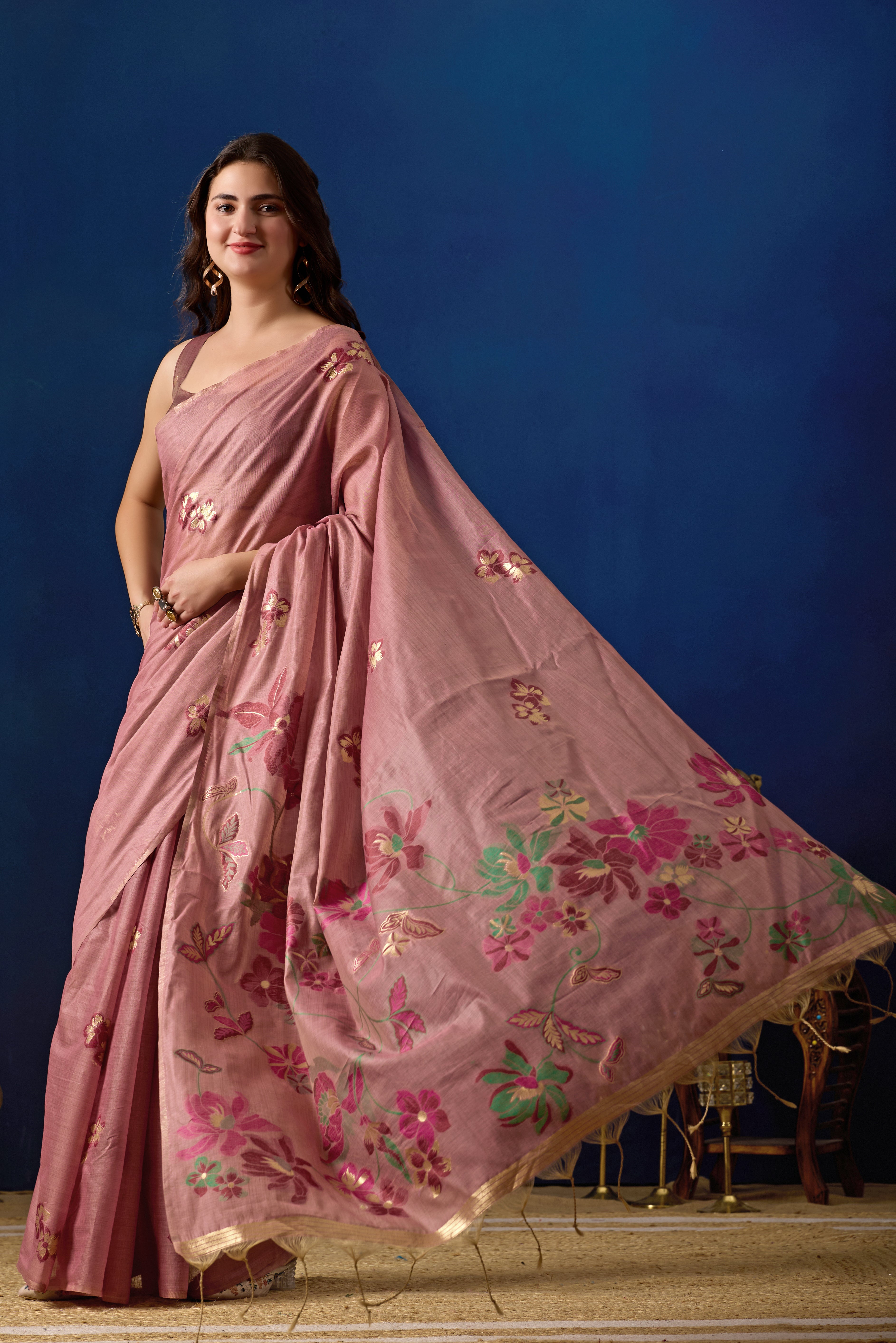 Elegant Floral Weave Muga Cotton Silk Saree in Wine with Dark Wine Contrast
