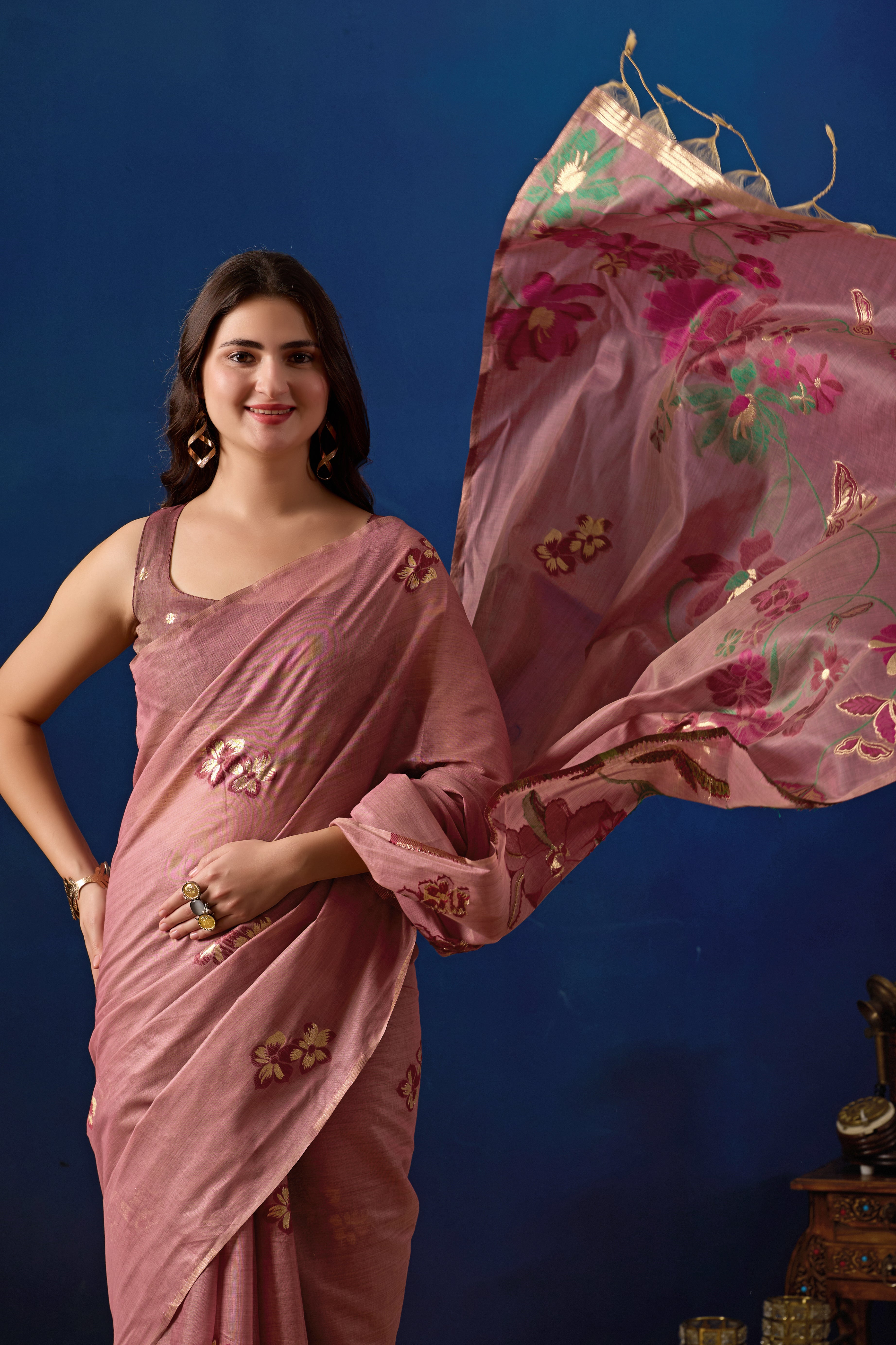 Elegant Floral Weave Muga Cotton Silk Saree in Wine with Dark Wine Contrast