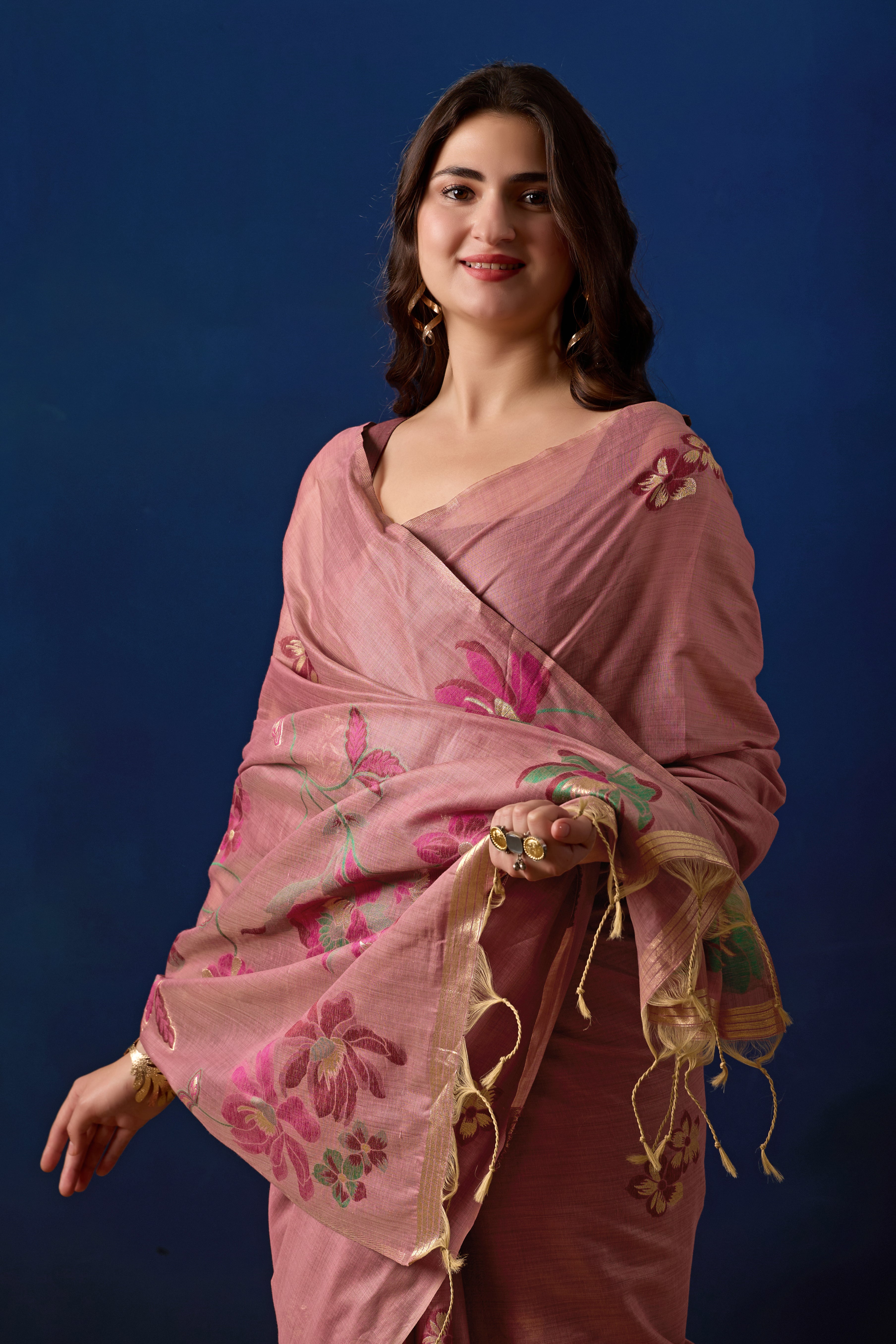 Elegant Floral Weave Muga Cotton Silk Saree in Wine with Dark Wine Contrast