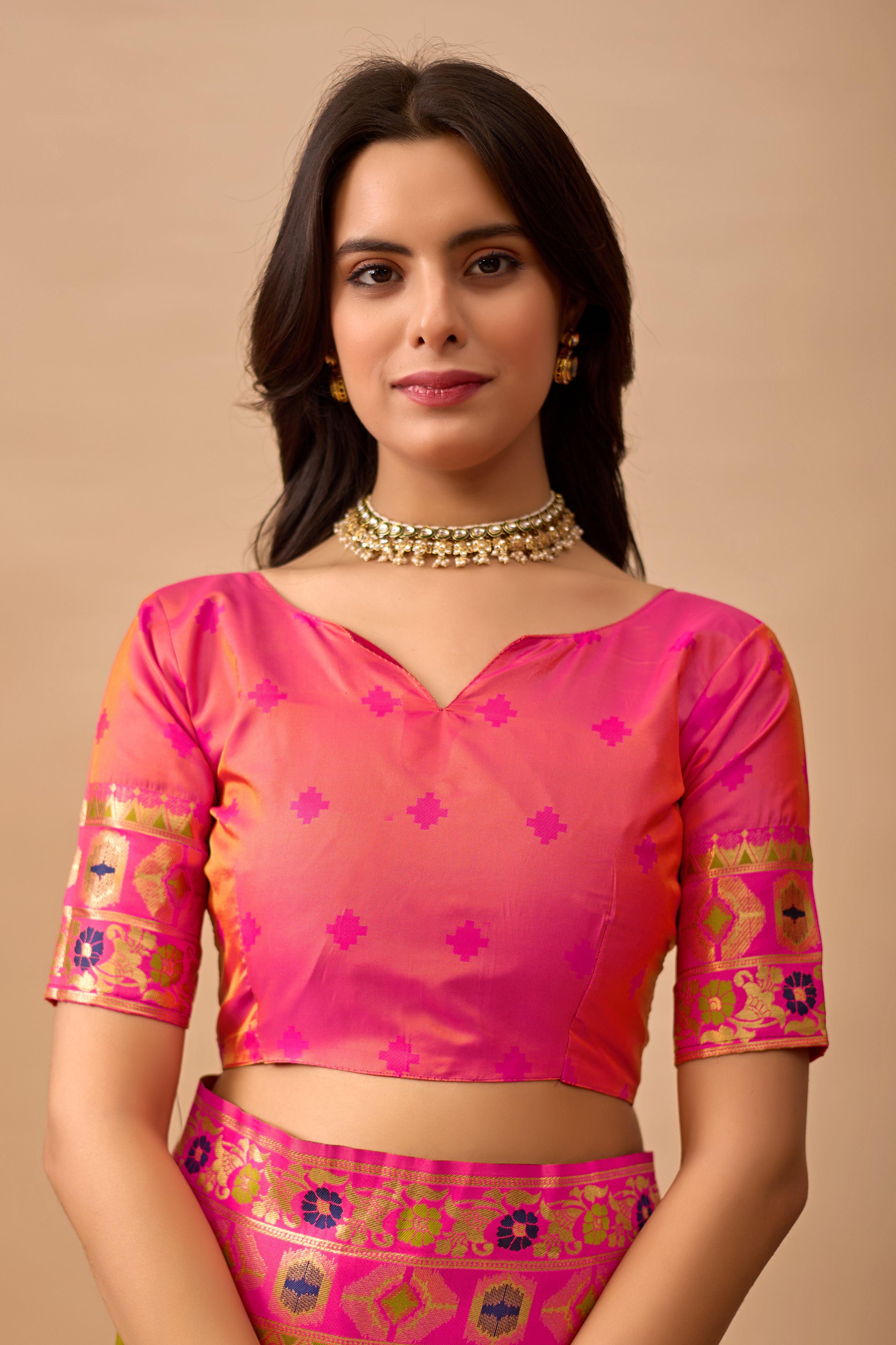 Mehendi Banarasi Silk Saree with Peacock Motifs & Pink Contrast Pallu