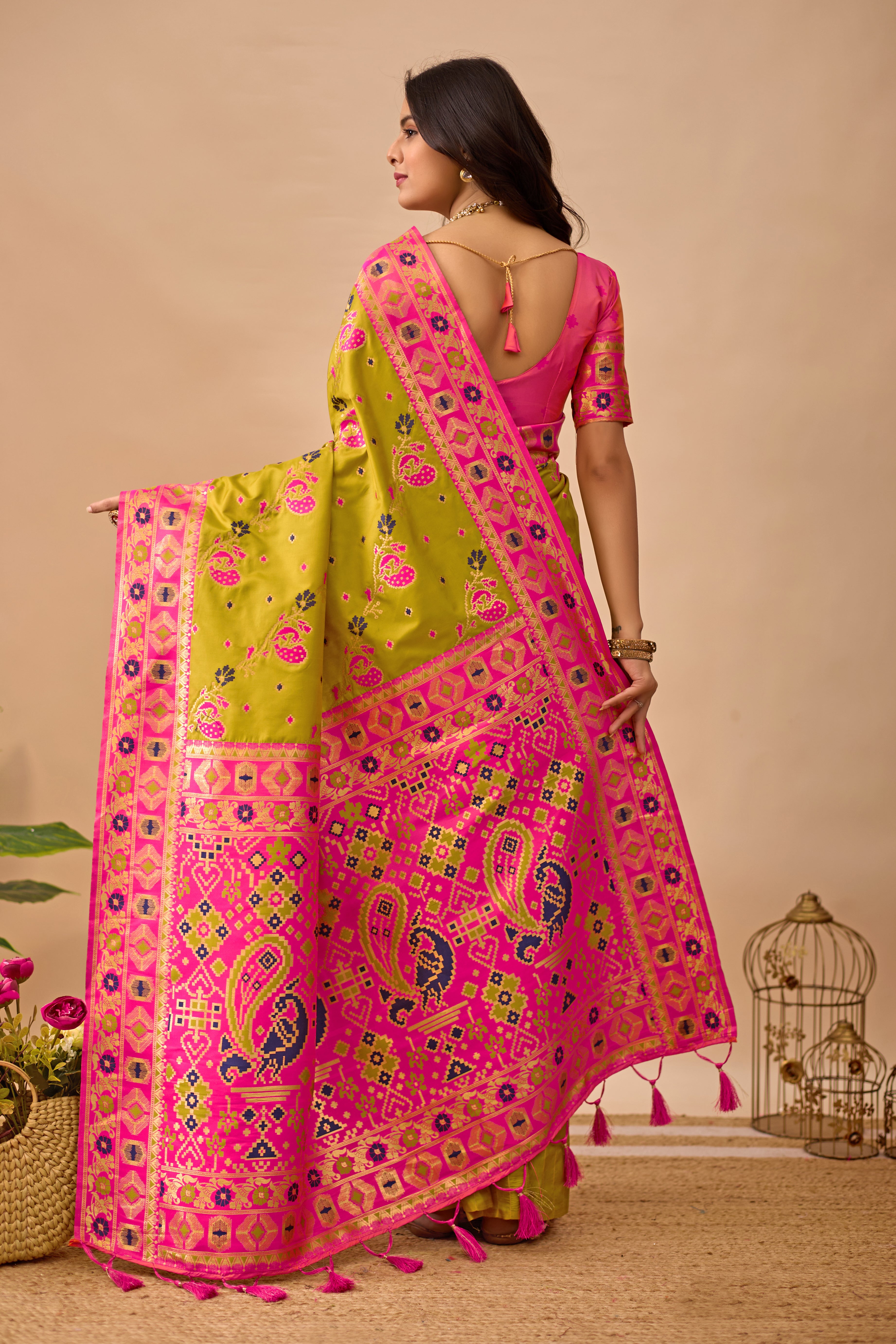 Mehendi Banarasi Silk Saree with Peacock Motifs & Pink Contrast Pallu