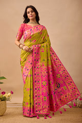 Mehendi Banarasi Silk Saree with Peacock Motifs & Pink Contrast Pallu