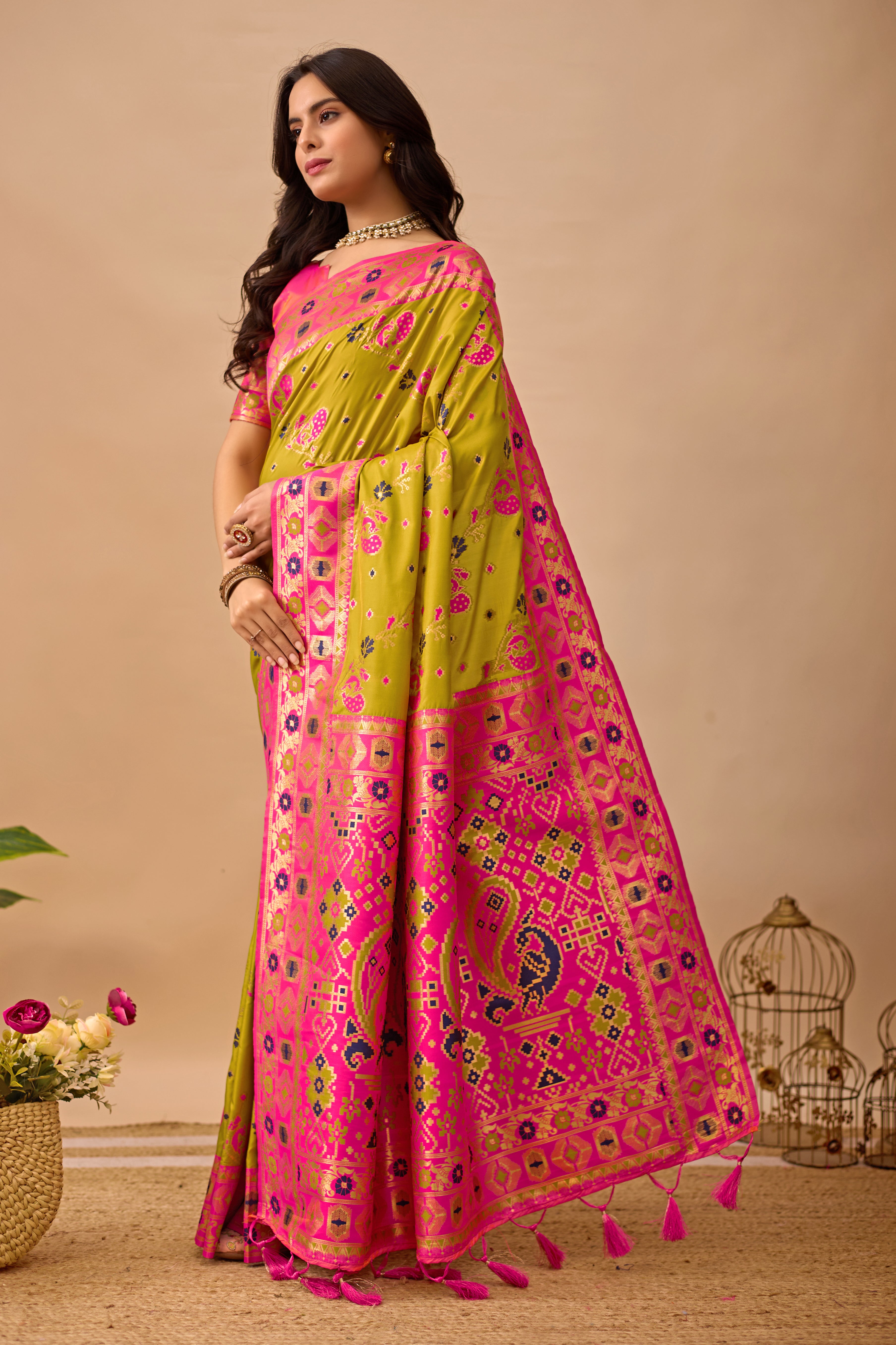 Mehendi Banarasi Silk Saree with Peacock Motifs & Pink Contrast Pallu