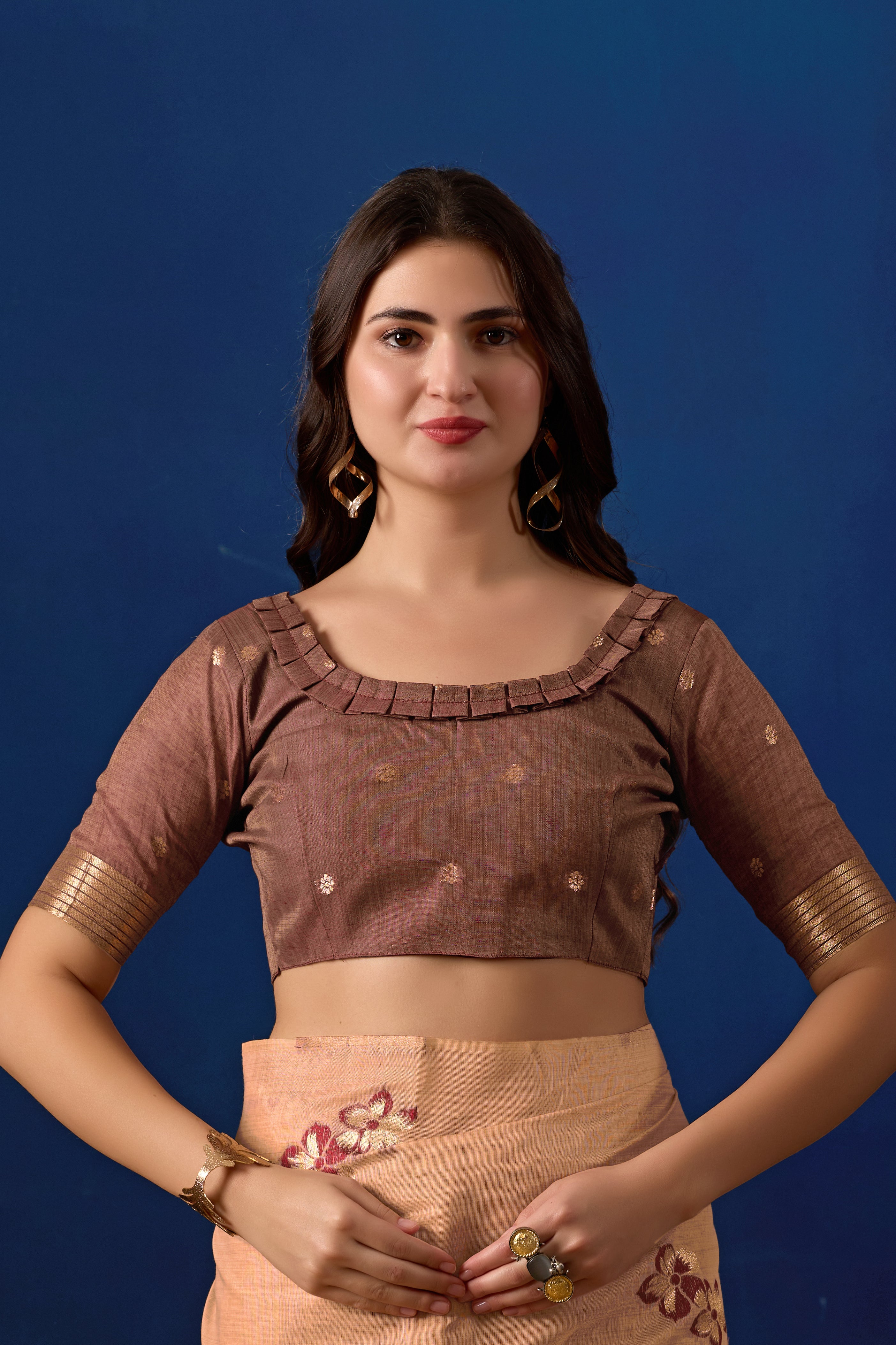 Elegant Floral Weave Muga Cotton Silk Saree in Peach with Maroon Contrast