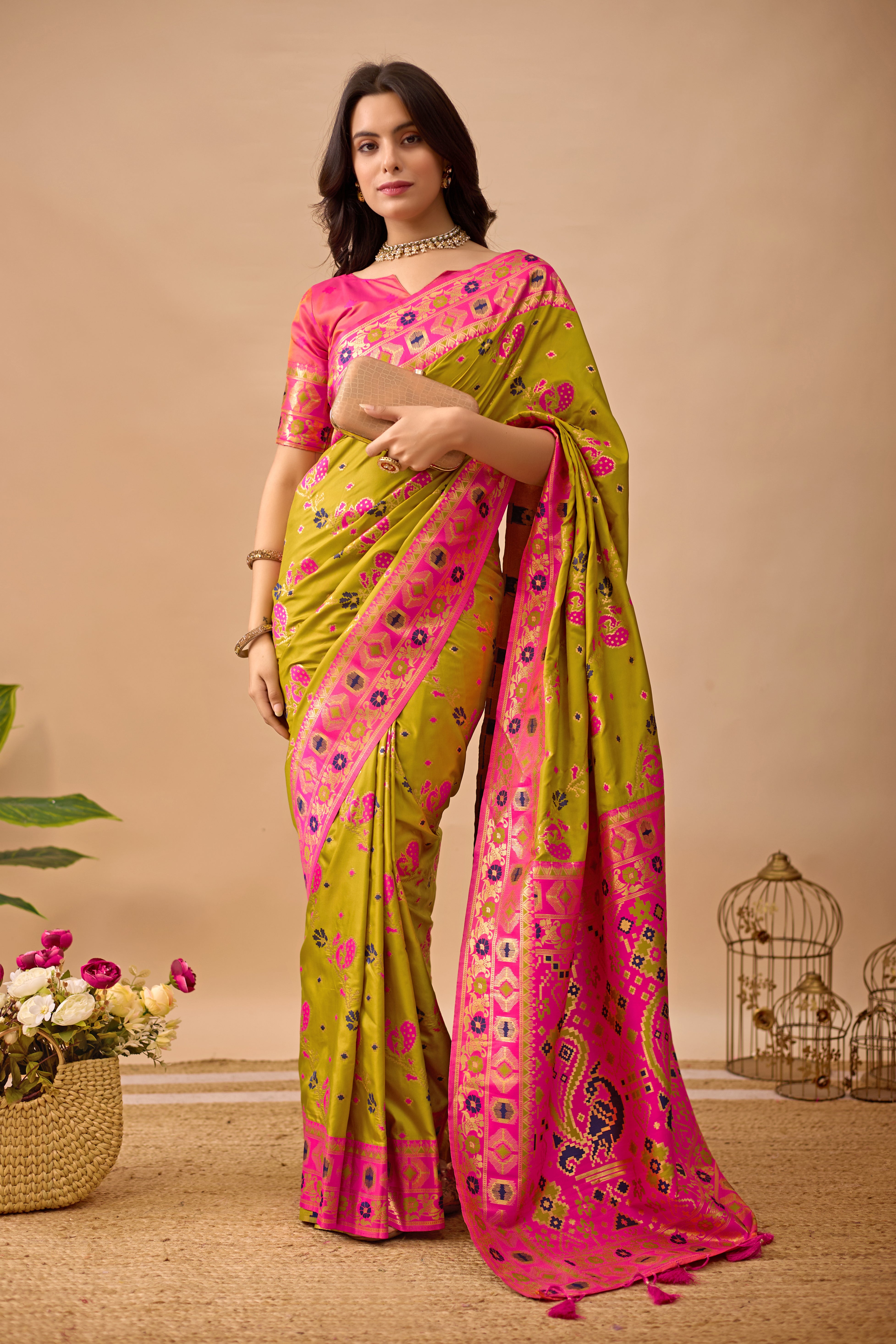 Mehendi Banarasi Silk Saree with Peacock Motifs & Pink Contrast Pallu
