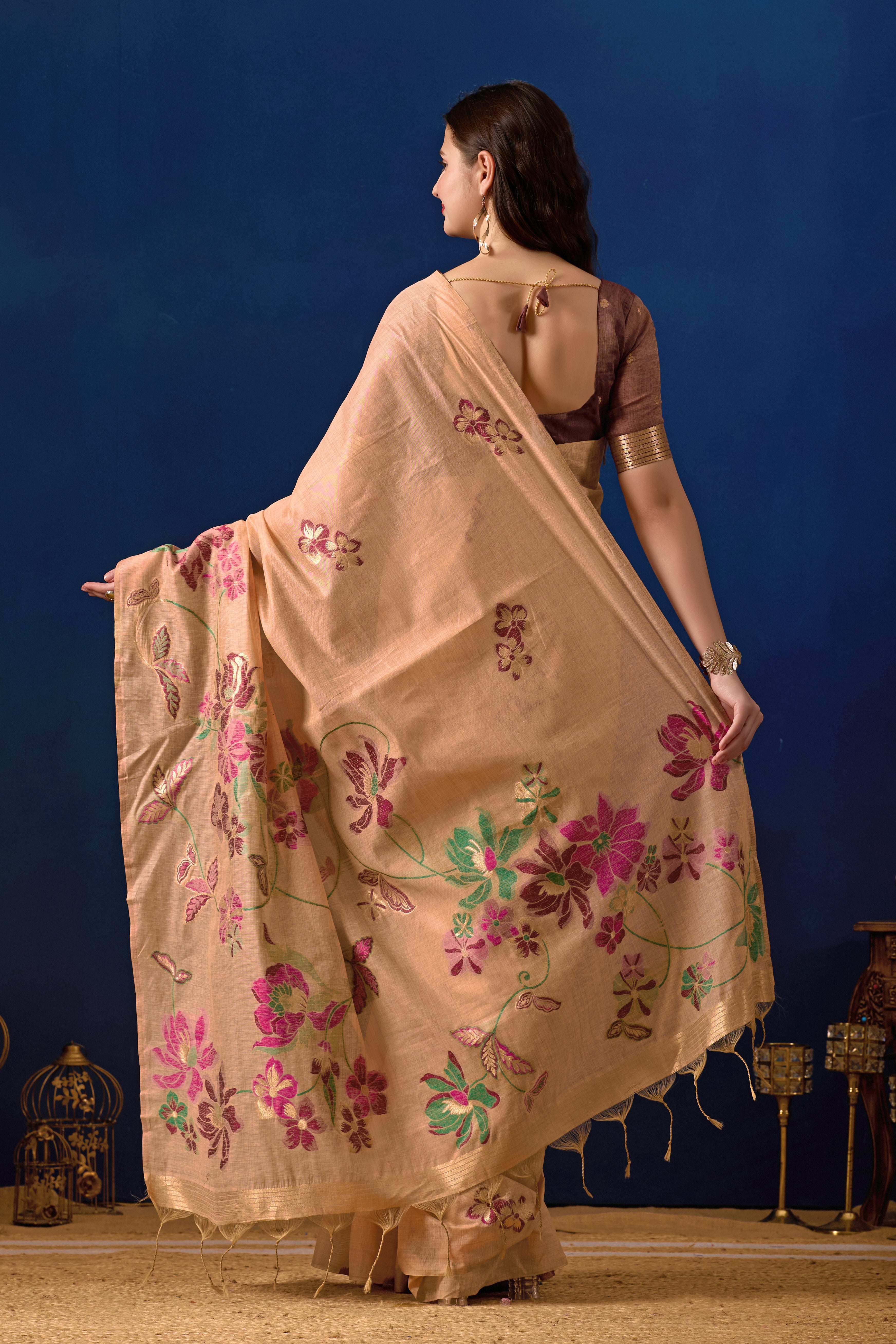 Elegant Floral Weave Muga Cotton Silk Saree in Peach with Maroon Contrast
