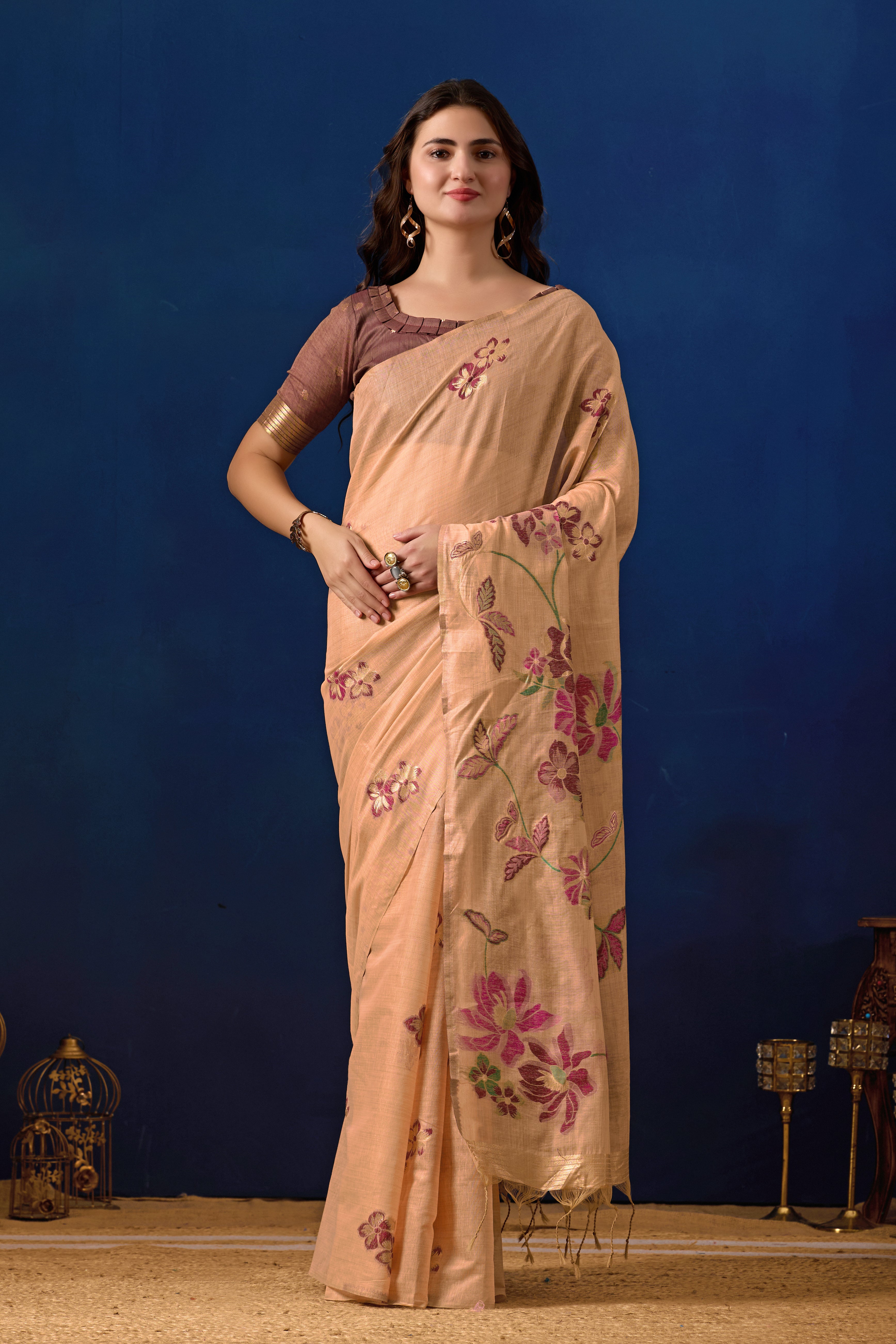 Elegant Floral Weave Muga Cotton Silk Saree in Peach with Maroon Contrast