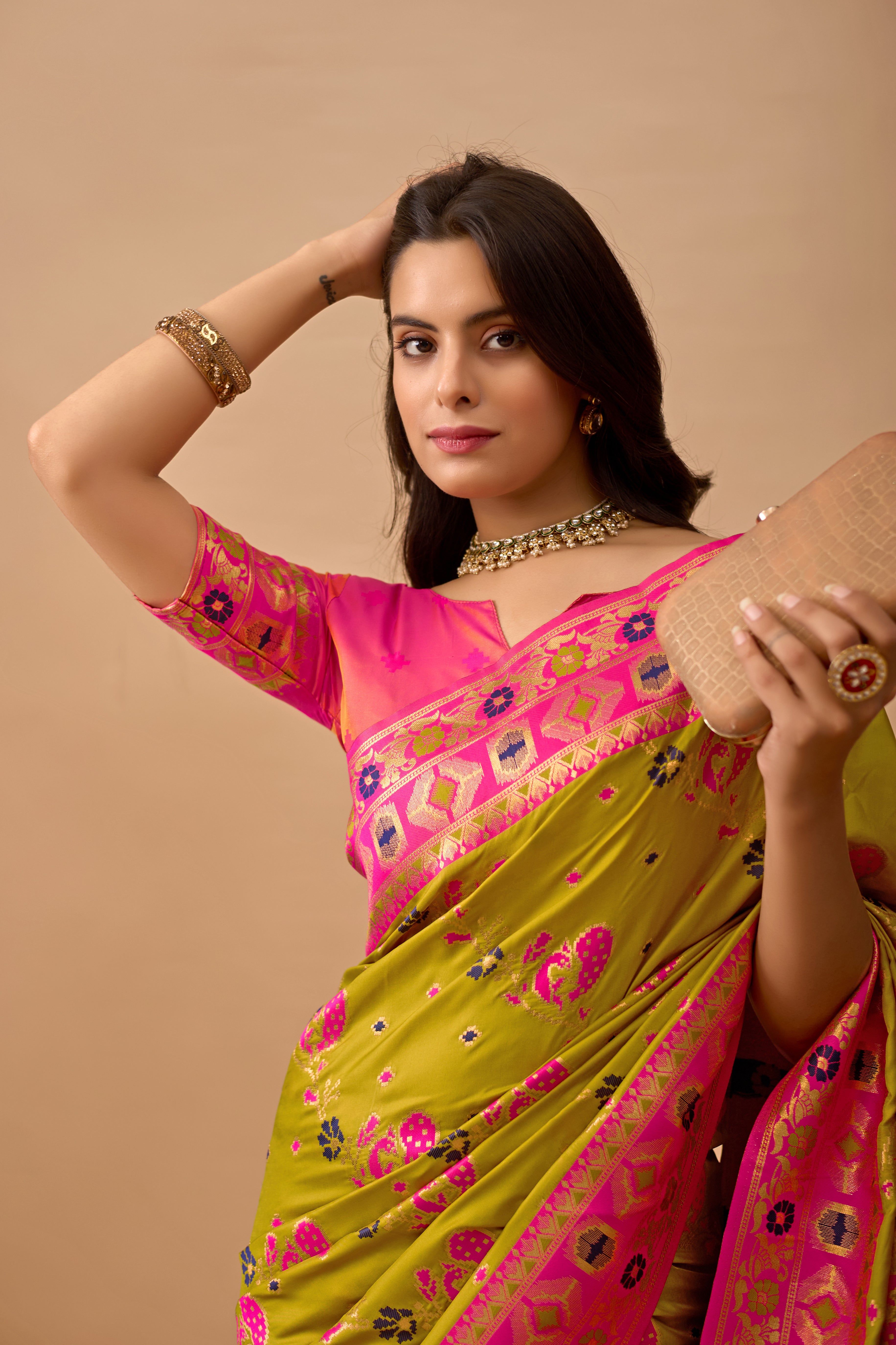 Mehendi Banarasi Silk Saree with Peacock Motifs & Pink Contrast Pallu