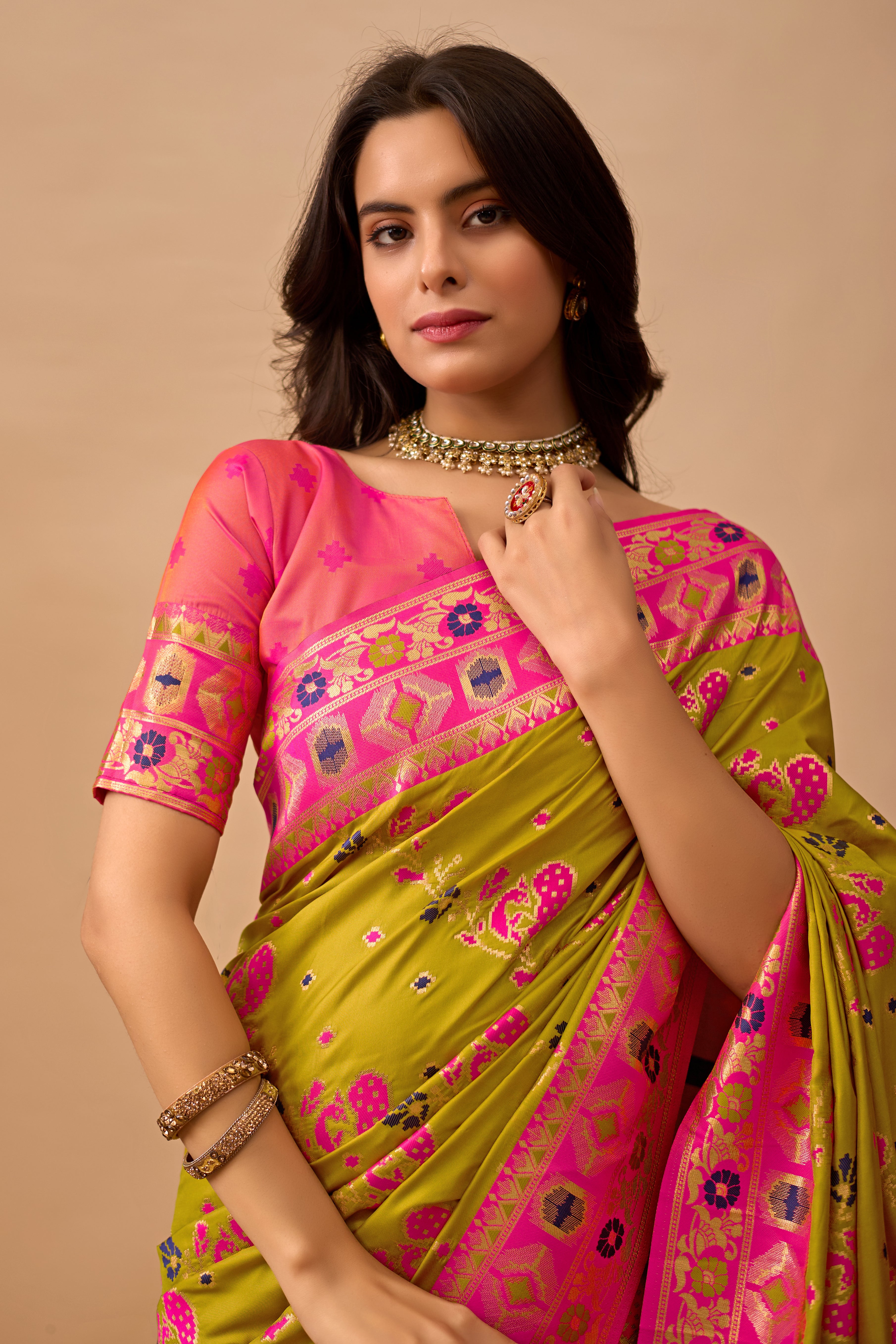 Mehendi Banarasi Silk Saree with Peacock Motifs & Pink Contrast Pallu