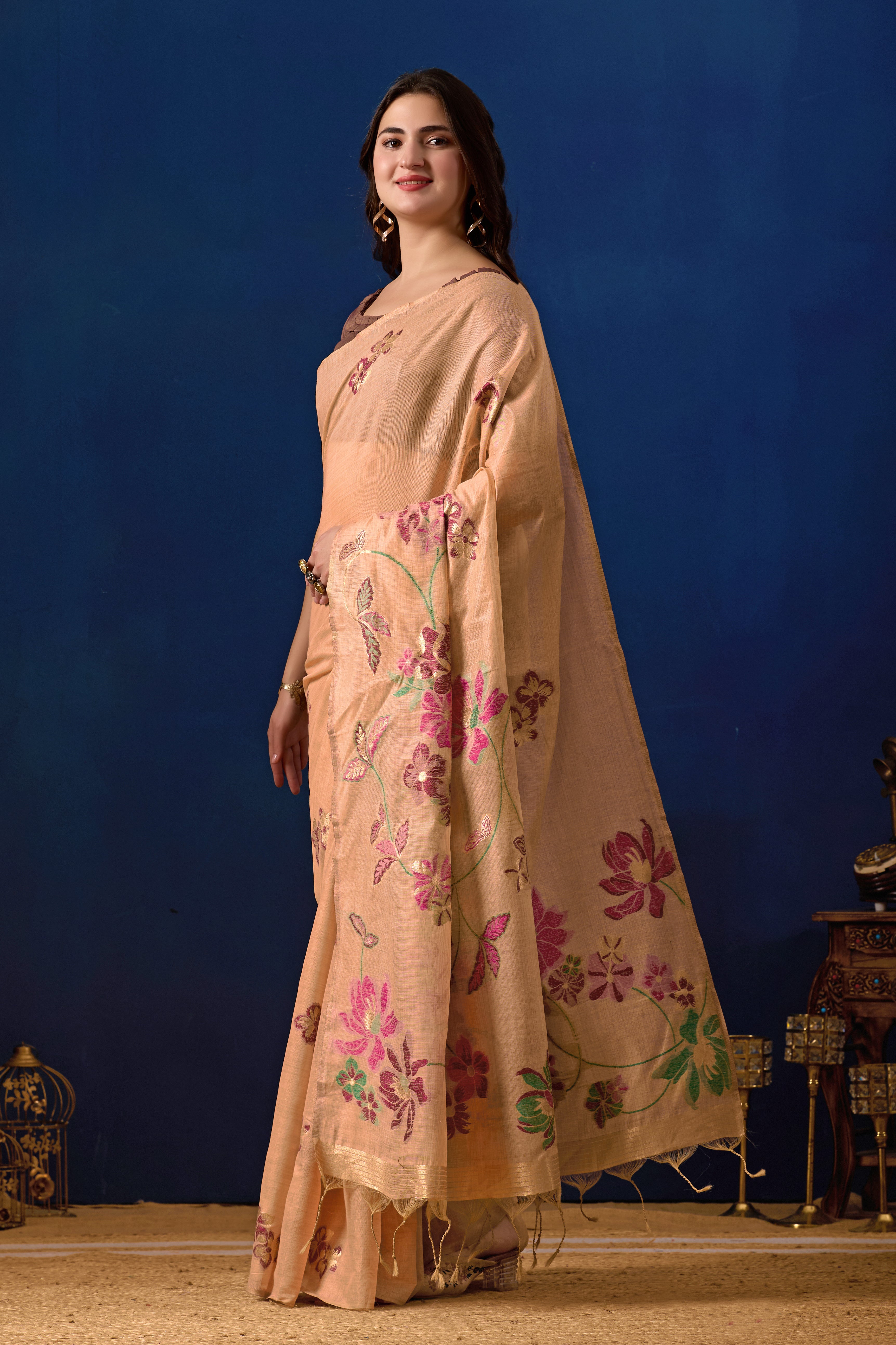 Elegant Floral Weave Muga Cotton Silk Saree in Peach with Maroon Contrast