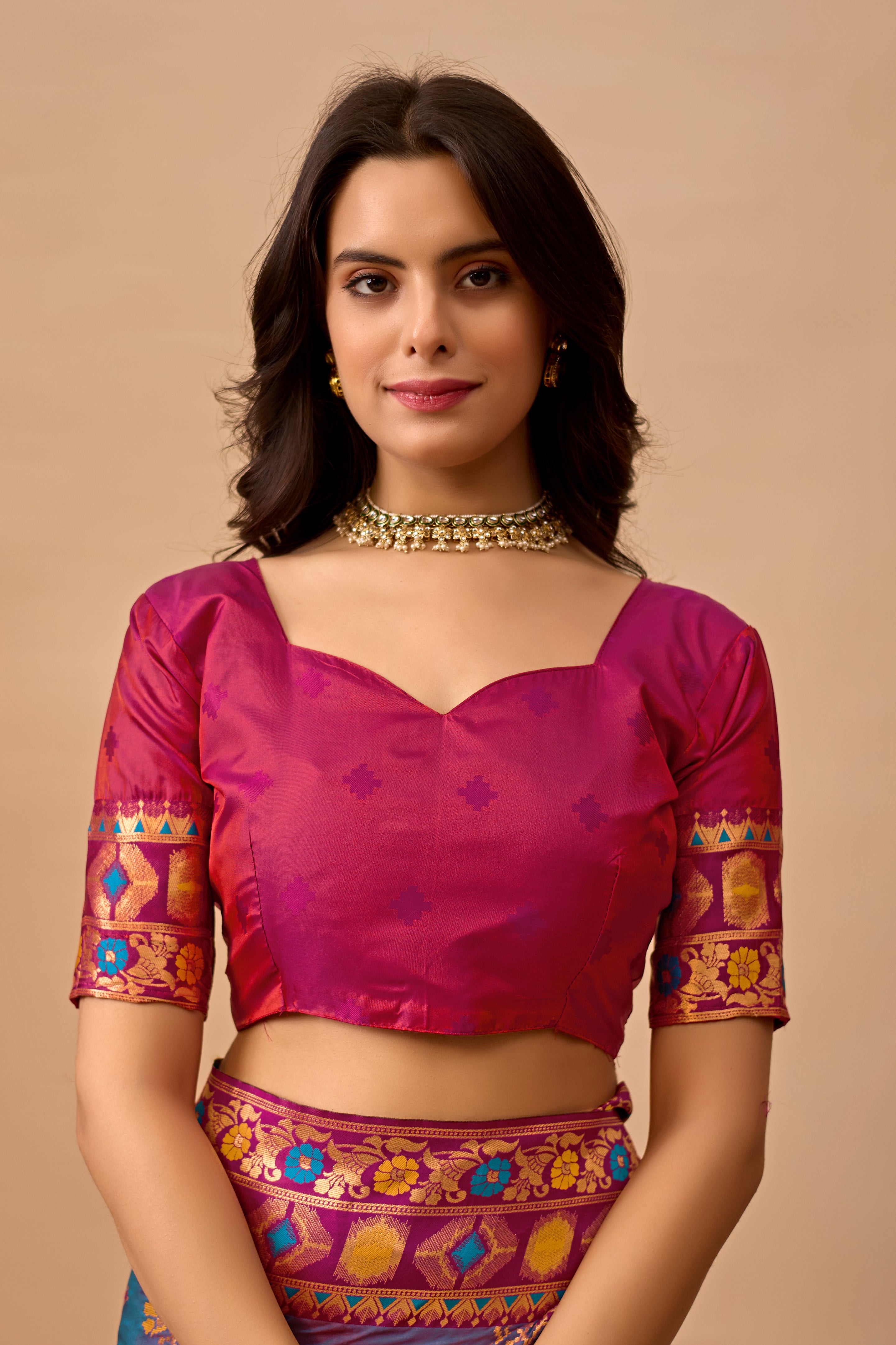 Rama Banarasi Silk Saree with Peacock Motifs & Maroon Contrast Pallu