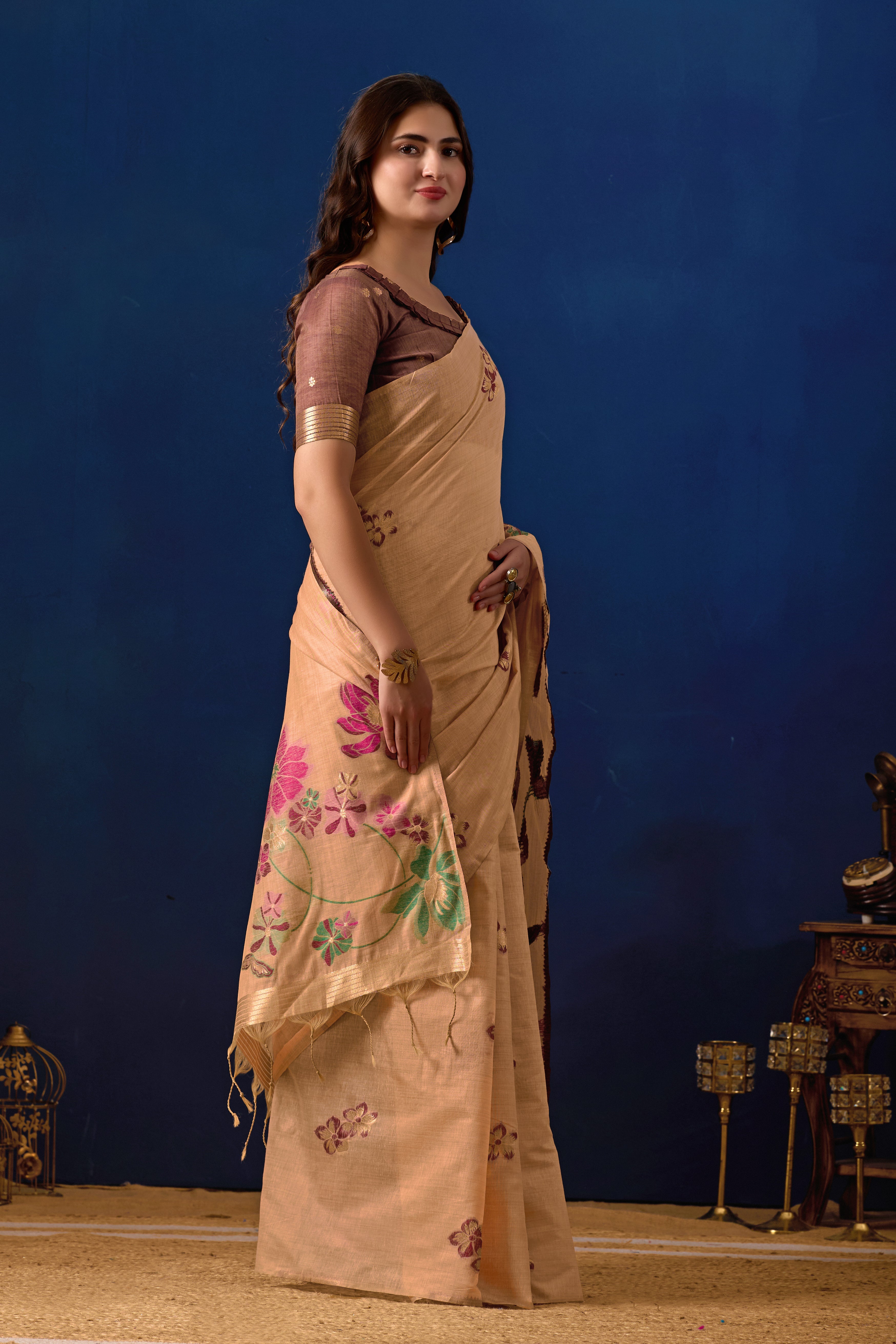 Elegant Floral Weave Muga Cotton Silk Saree in Peach with Maroon Contrast