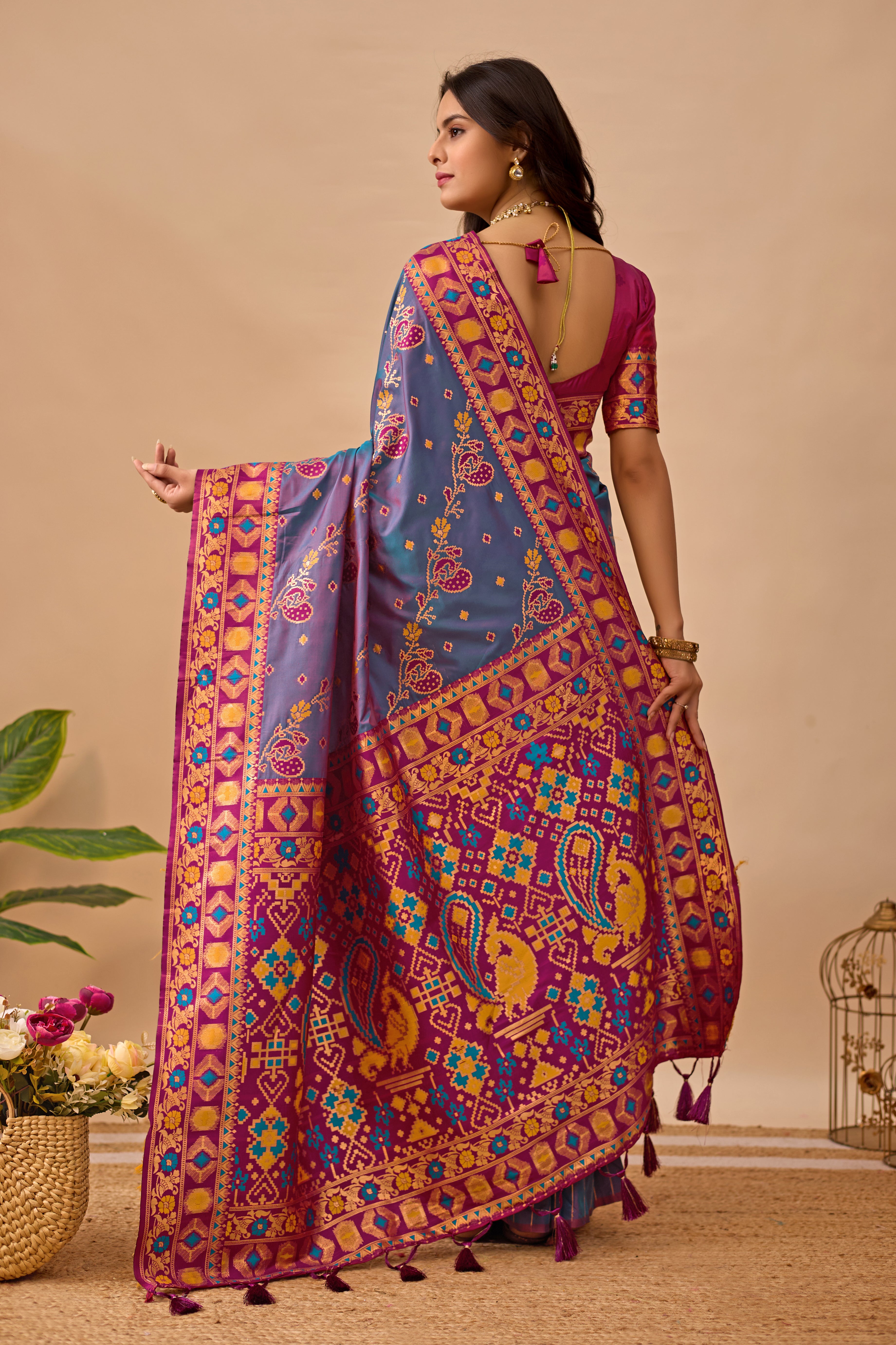 Rama Banarasi Silk Saree with Peacock Motifs & Maroon Contrast Pallu
