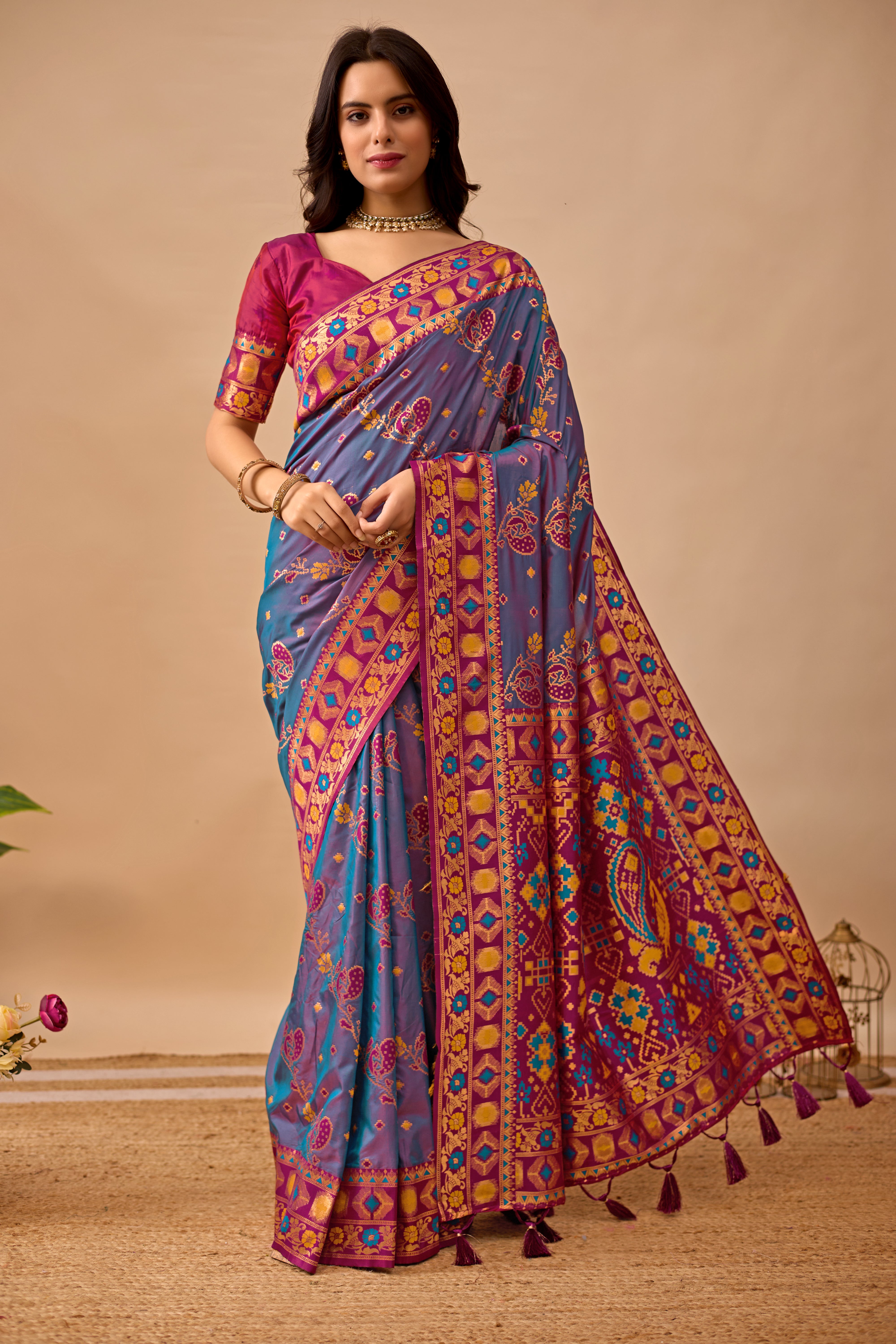 Rama Banarasi Silk Saree with Peacock Motifs & Maroon Contrast Pallu