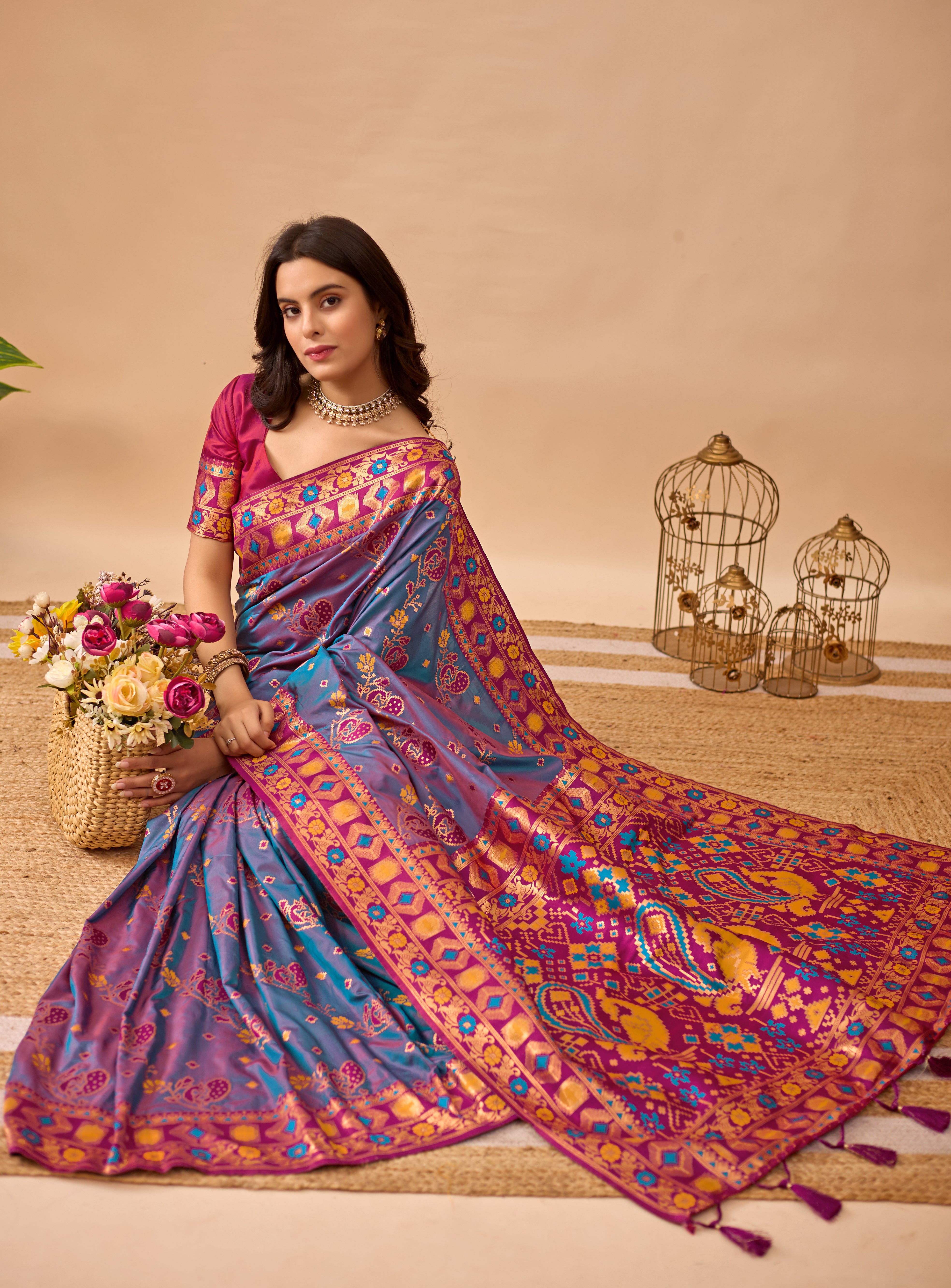 Rama Banarasi Silk Saree with Peacock Motifs & Maroon Contrast Pallu