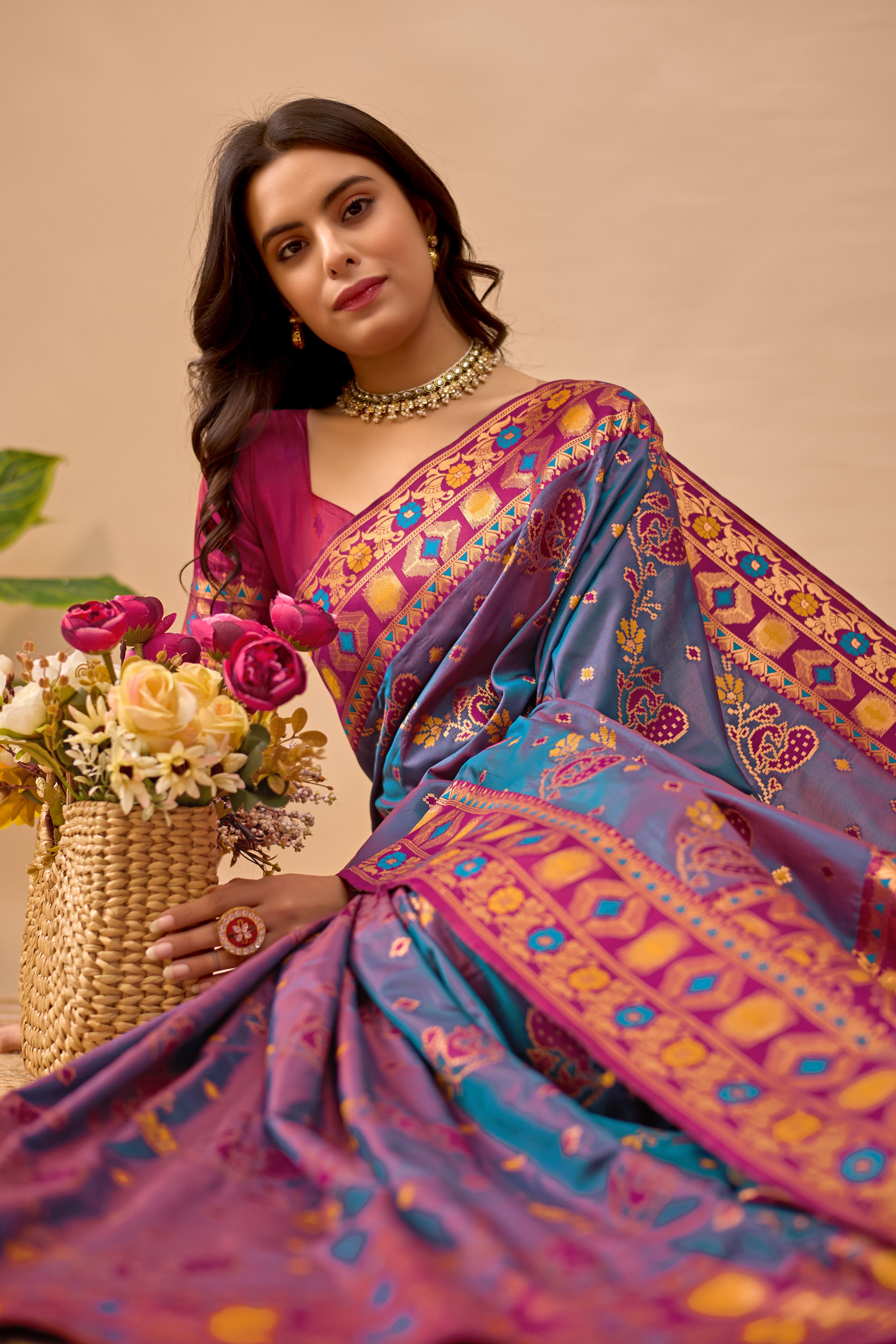 Rama Banarasi Silk Saree with Peacock Motifs & Maroon Contrast Pallu