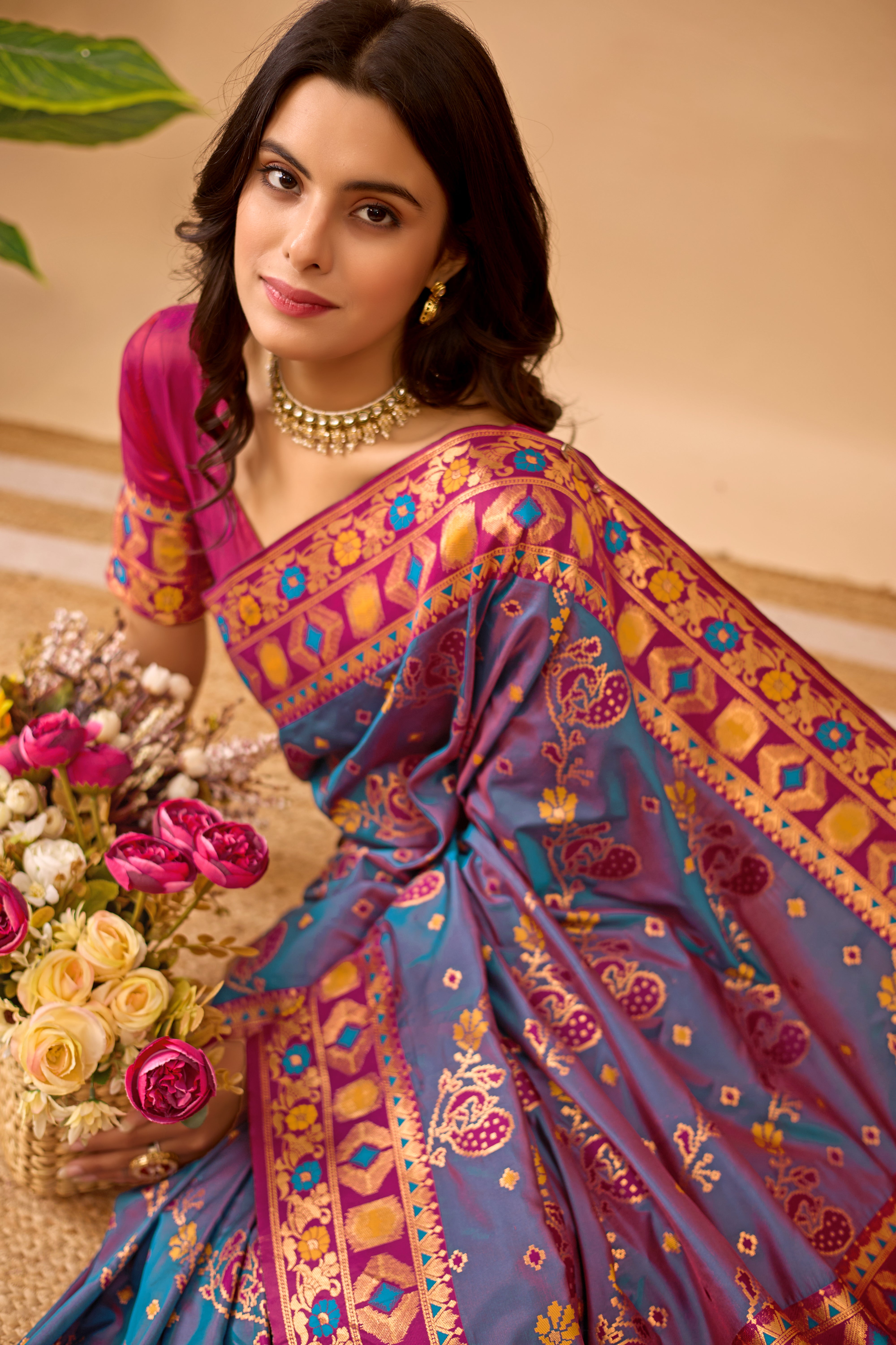 Rama Banarasi Silk Saree with Peacock Motifs & Maroon Contrast Pallu