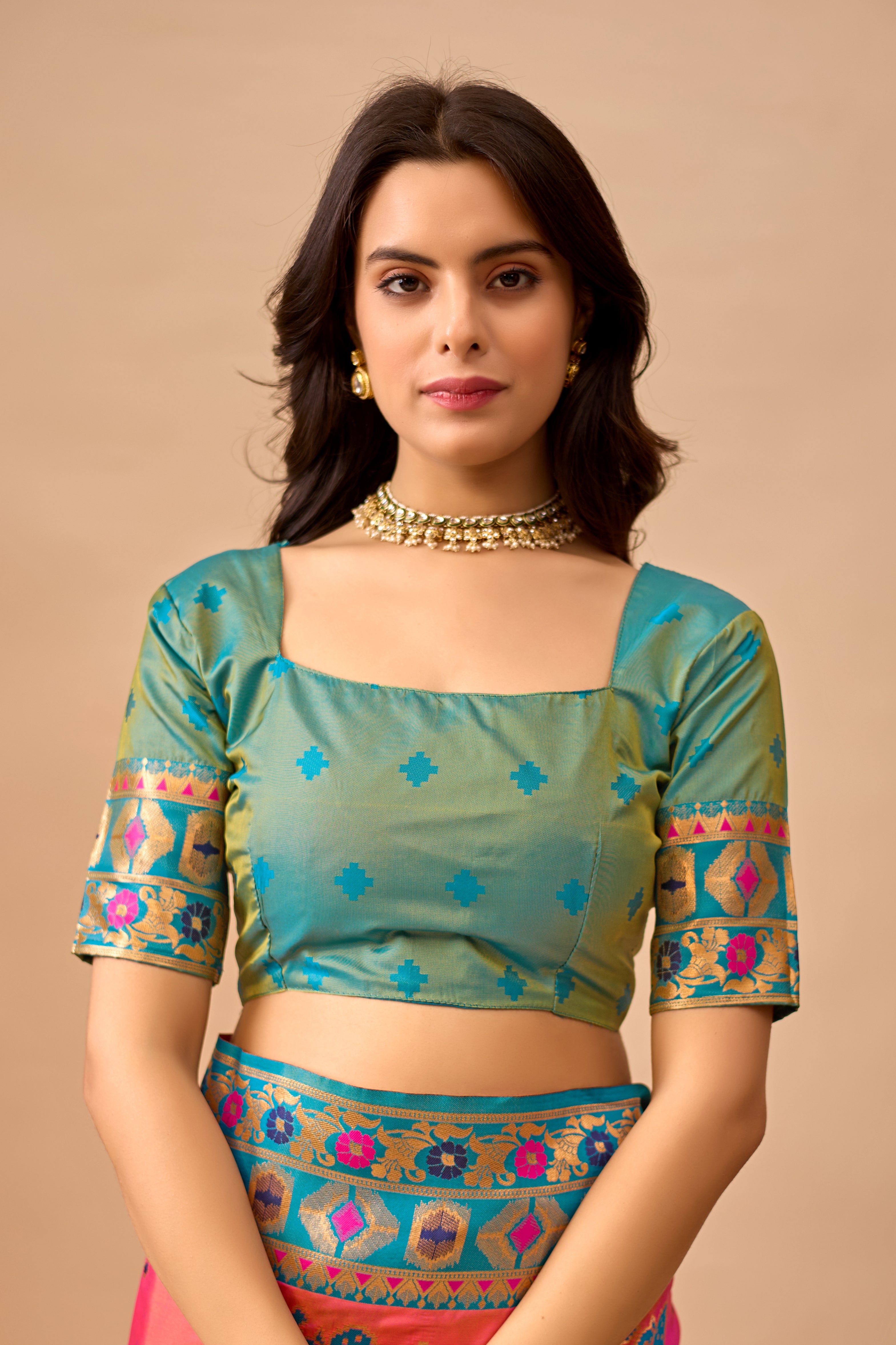 Pink Banarasi Silk Saree with Peacock Motifs & Rama Contrast Pallu