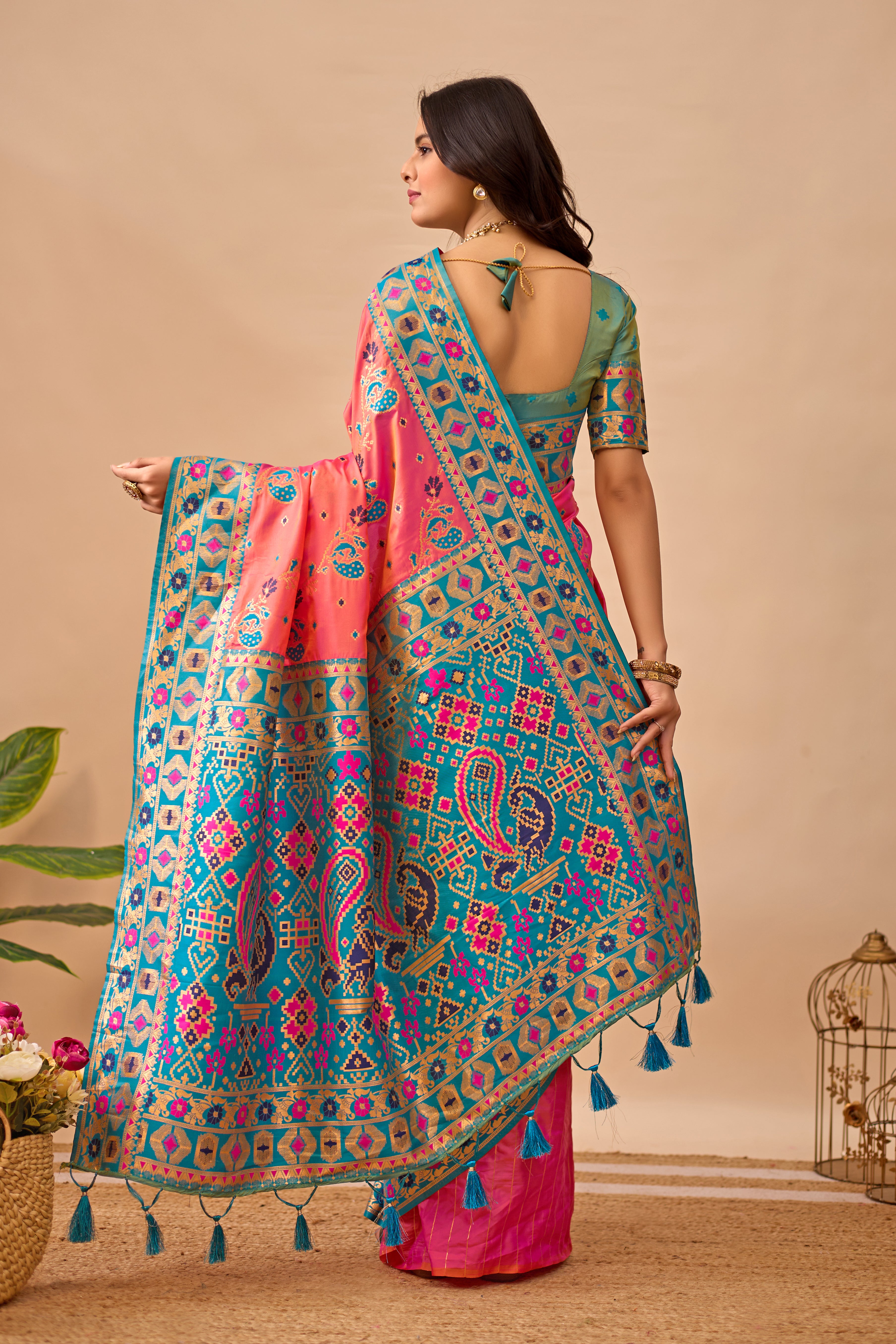 Pink Banarasi Silk Saree with Peacock Motifs & Rama Contrast Pallu