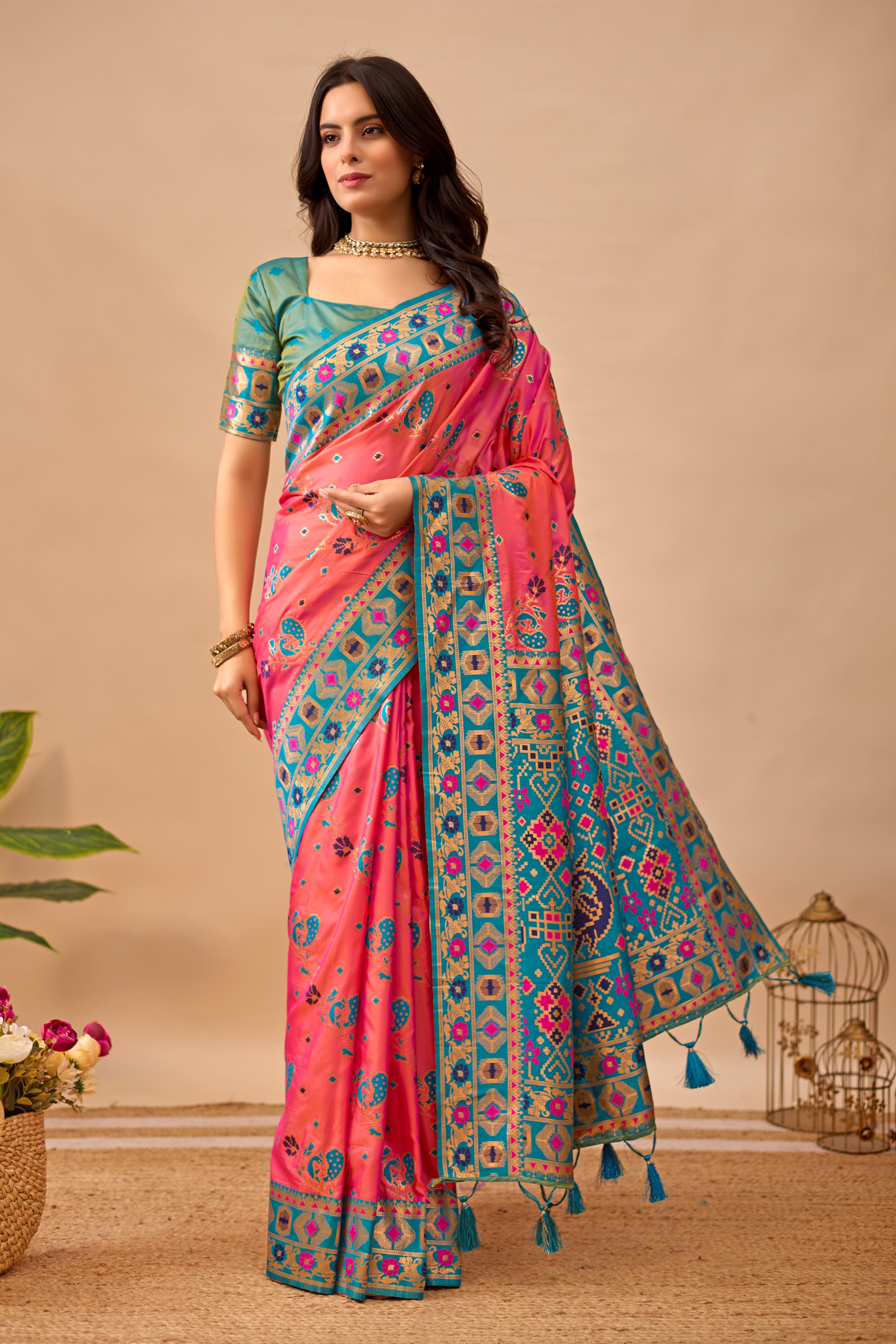 Pink Banarasi Silk Saree with Peacock Motifs & Rama Contrast Pallu