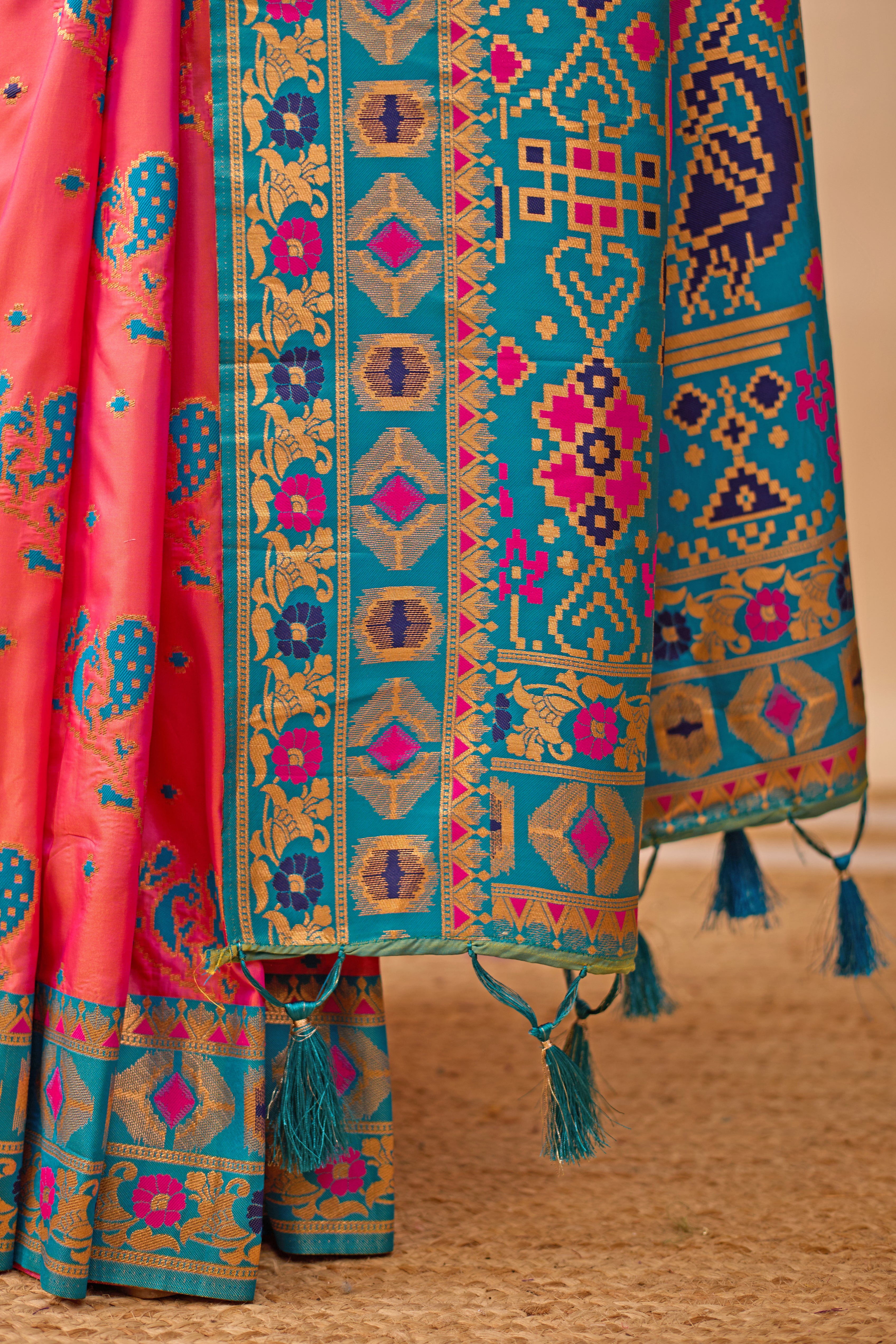 Pink Banarasi Silk Saree with Peacock Motifs & Rama Contrast Pallu