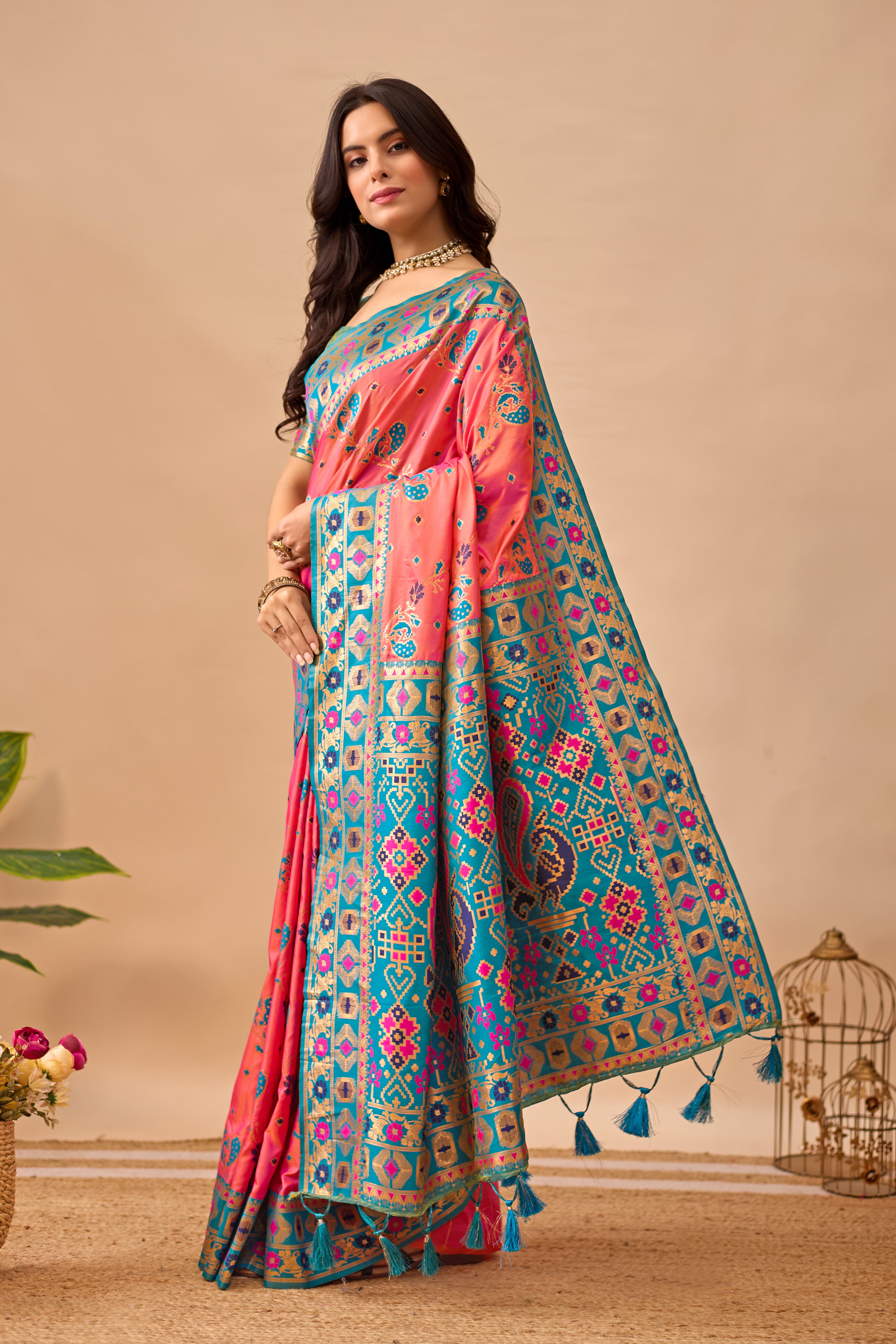 Pink Banarasi Silk Saree with Peacock Motifs & Rama Contrast Pallu