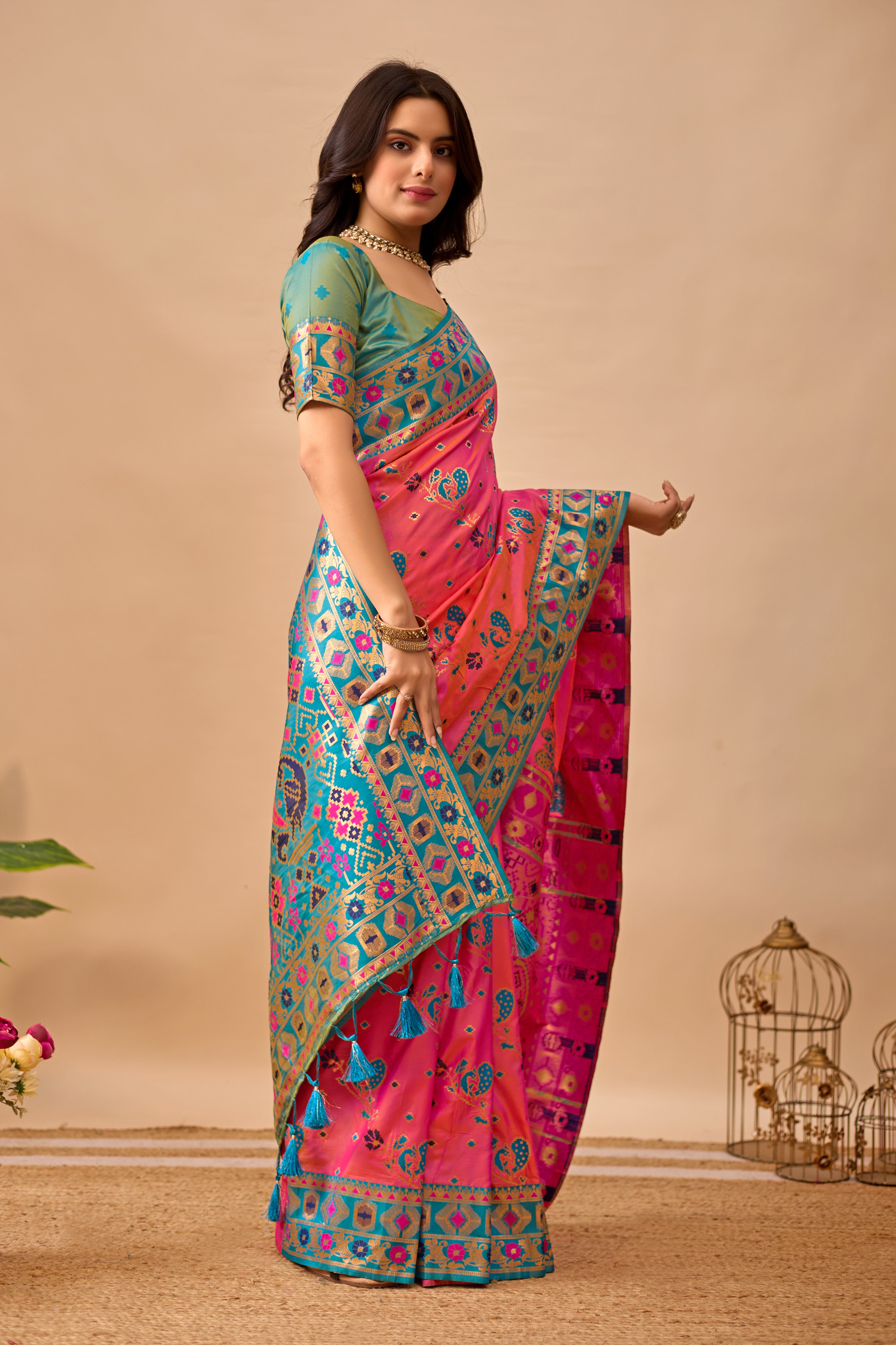 Pink Banarasi Silk Saree with Peacock Motifs & Rama Contrast Pallu