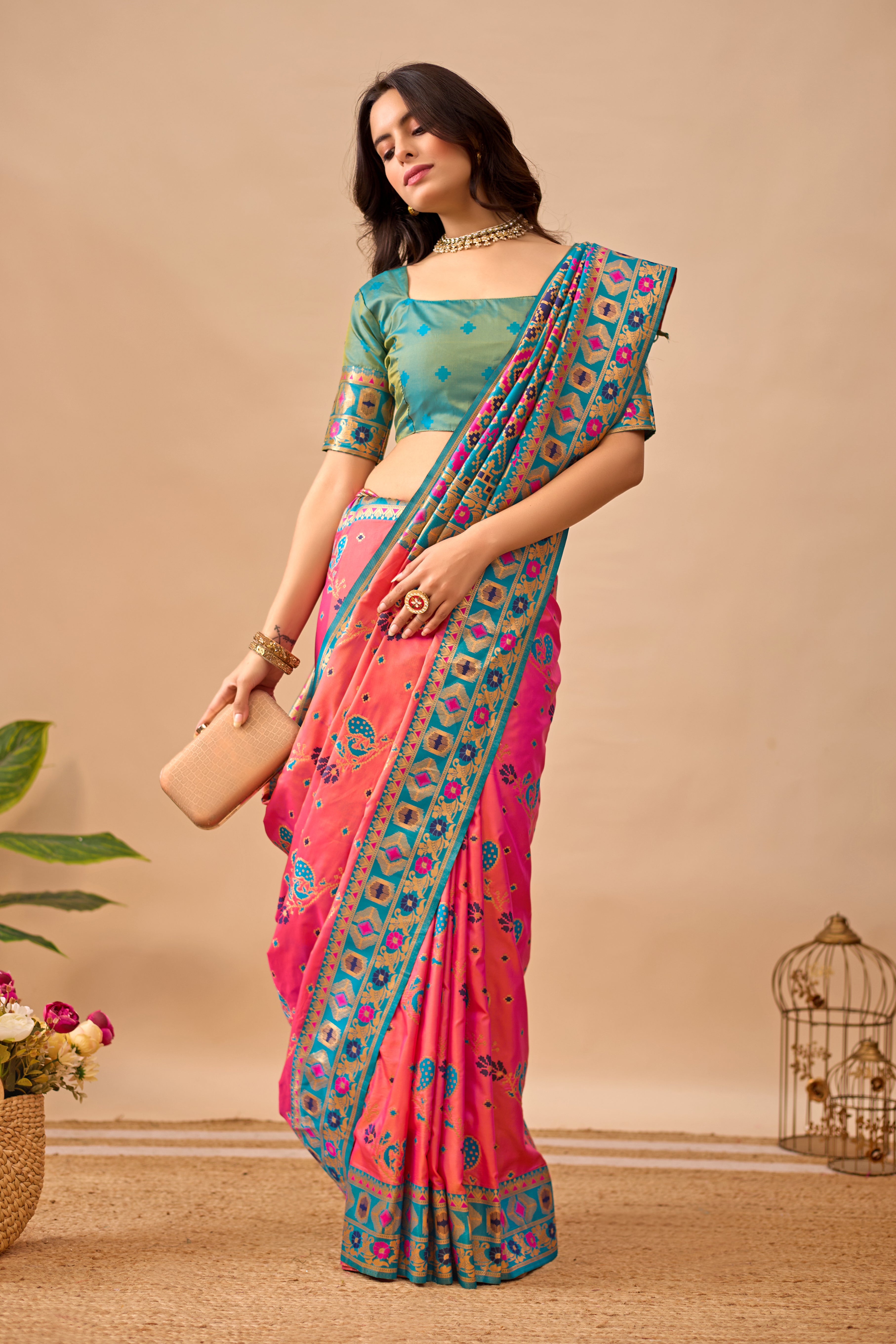 Pink Banarasi Silk Saree with Peacock Motifs & Rama Contrast Pallu