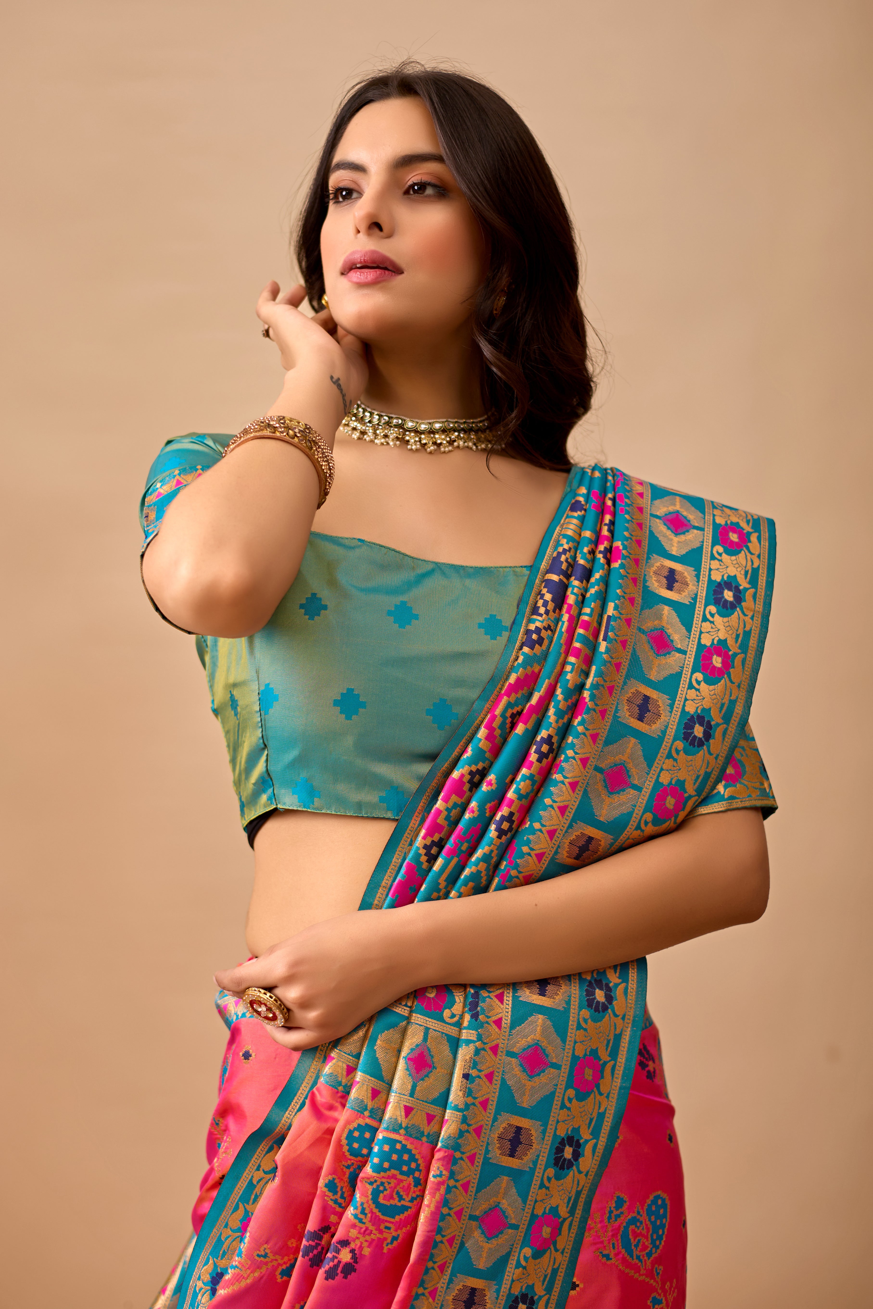 Pink Banarasi Silk Saree with Peacock Motifs & Rama Contrast Pallu