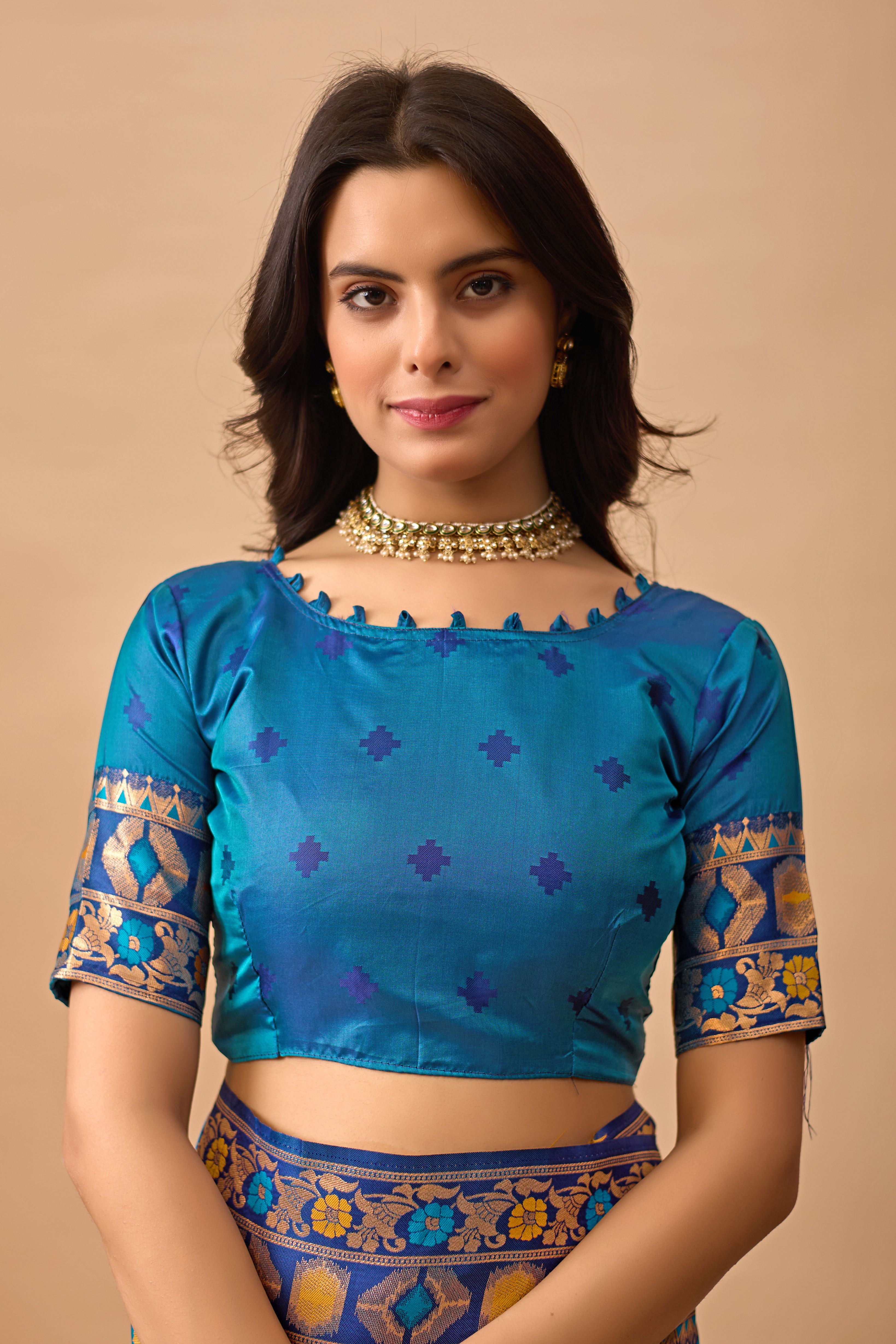 Firozi Banarasi Silk Saree with Peacock Motifs & Navy Blue Contrast Pallu