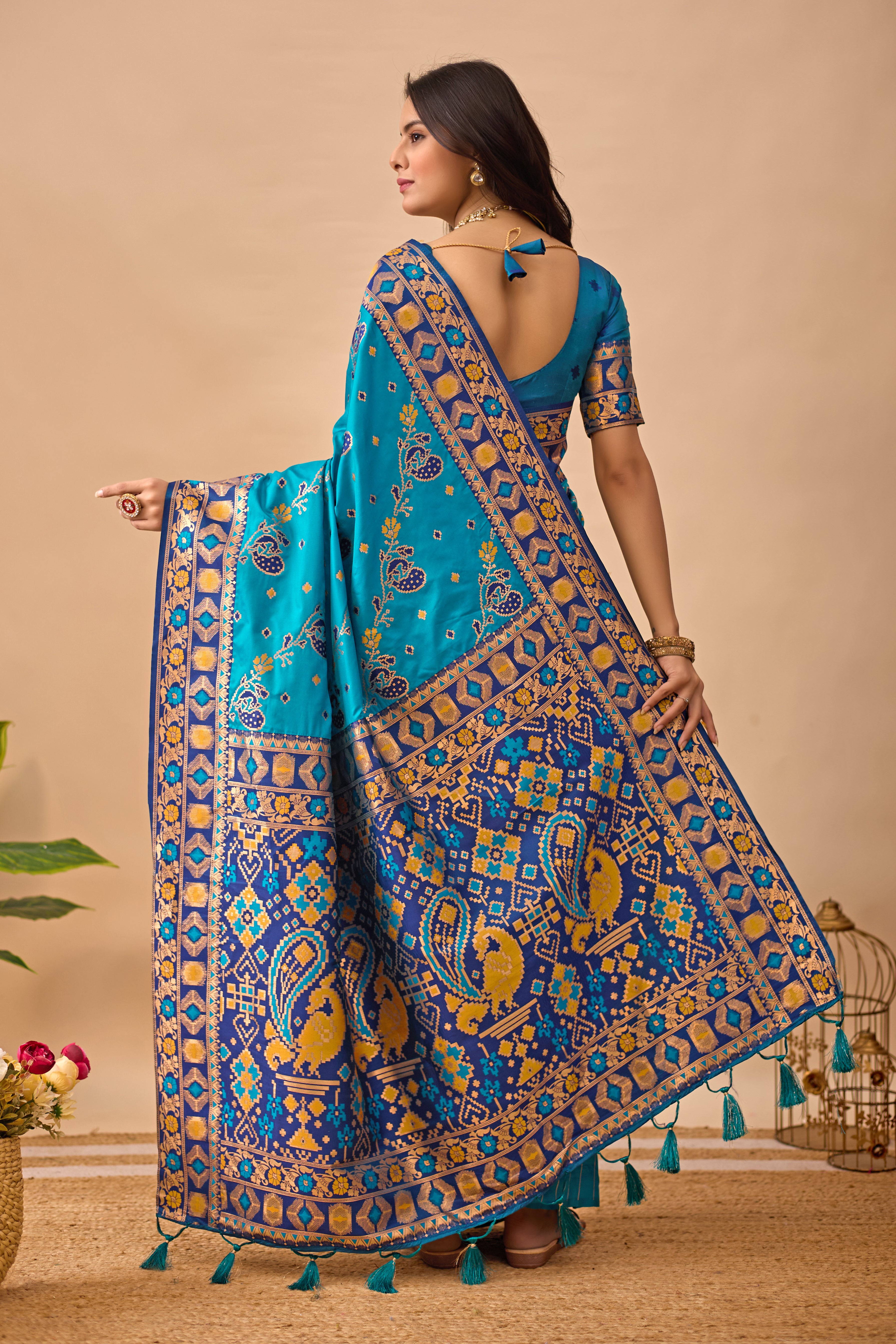 Firozi Banarasi Silk Saree with Peacock Motifs & Navy Blue Contrast Pallu