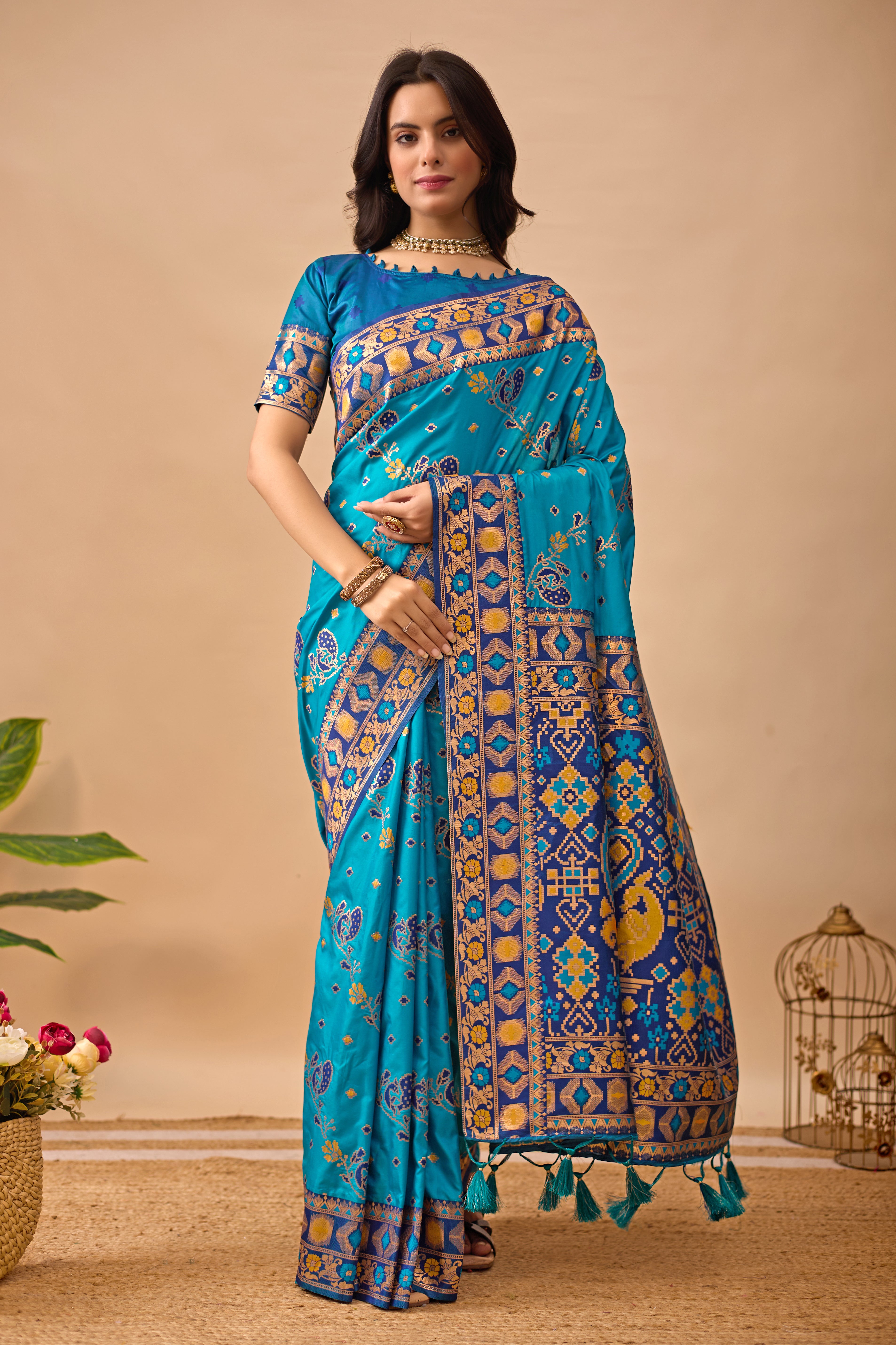 Firozi Banarasi Silk Saree with Peacock Motifs & Navy Blue Contrast Pallu
