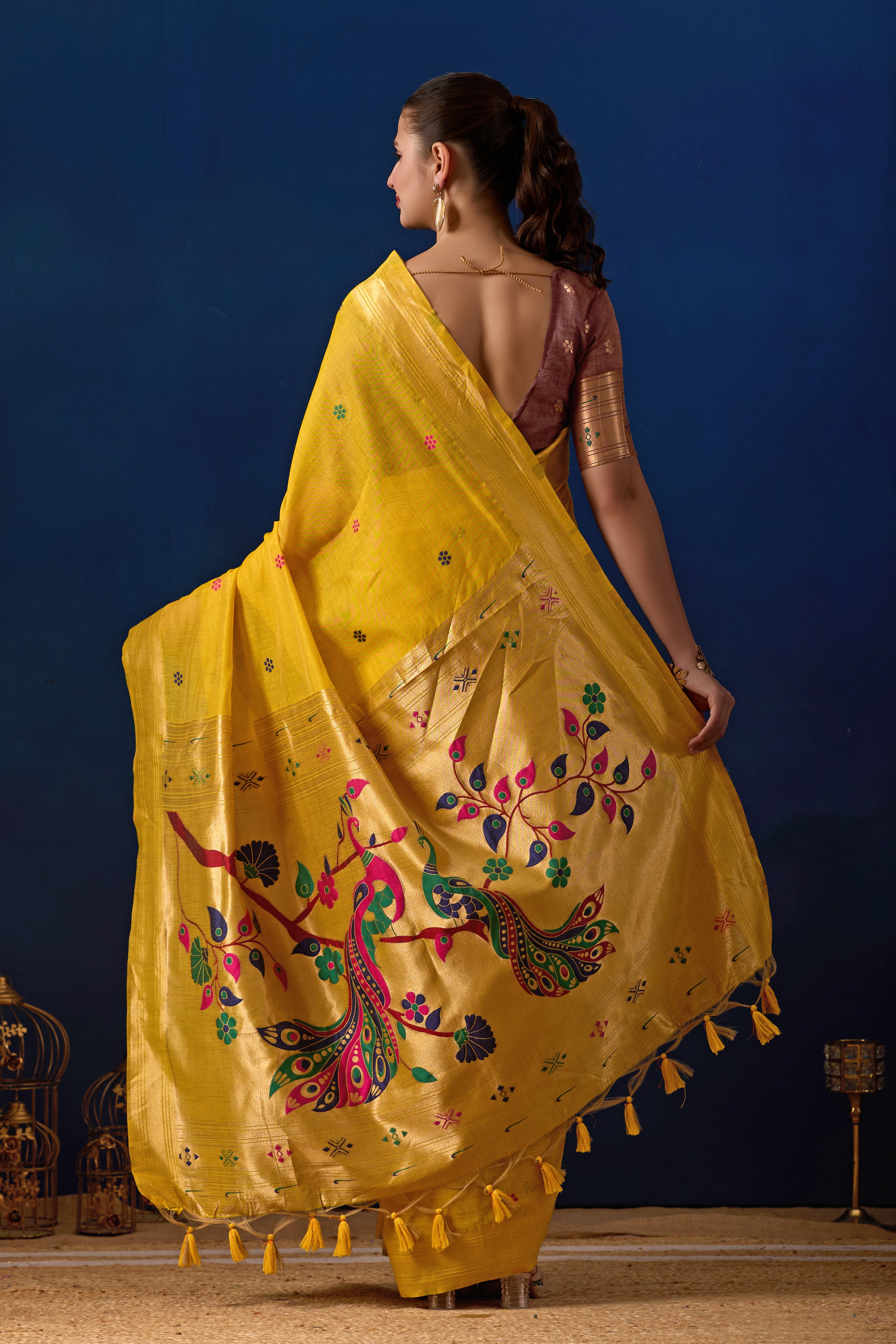 Royal Blossom Paithani Silk Saree in Yellow with Maroon Contrast