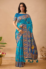 Firozi Banarasi Silk Saree with Peacock Motifs & Navy Blue Contrast Pallu