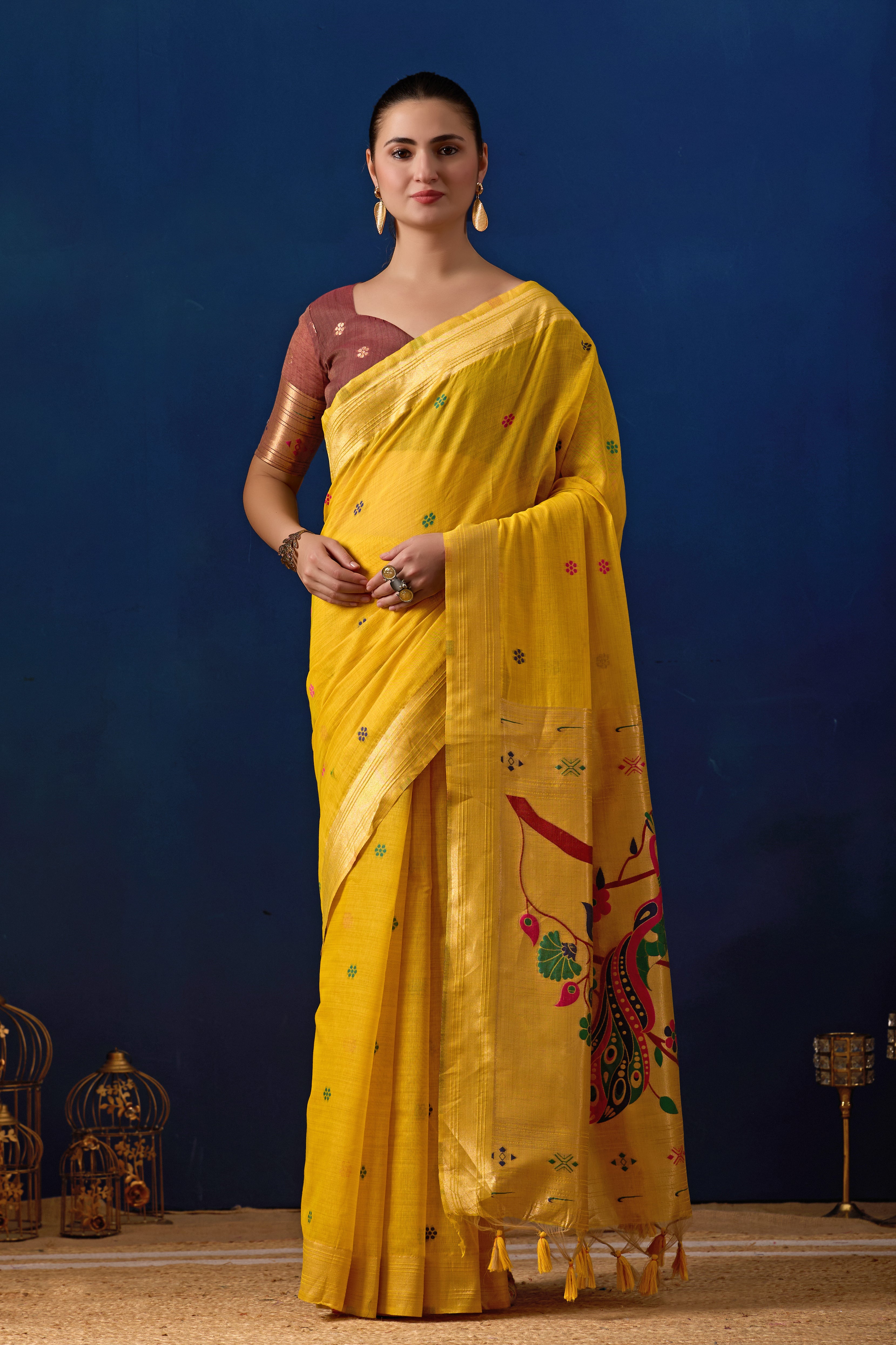 Royal Blossom Paithani Silk Saree in Yellow with Maroon Contrast