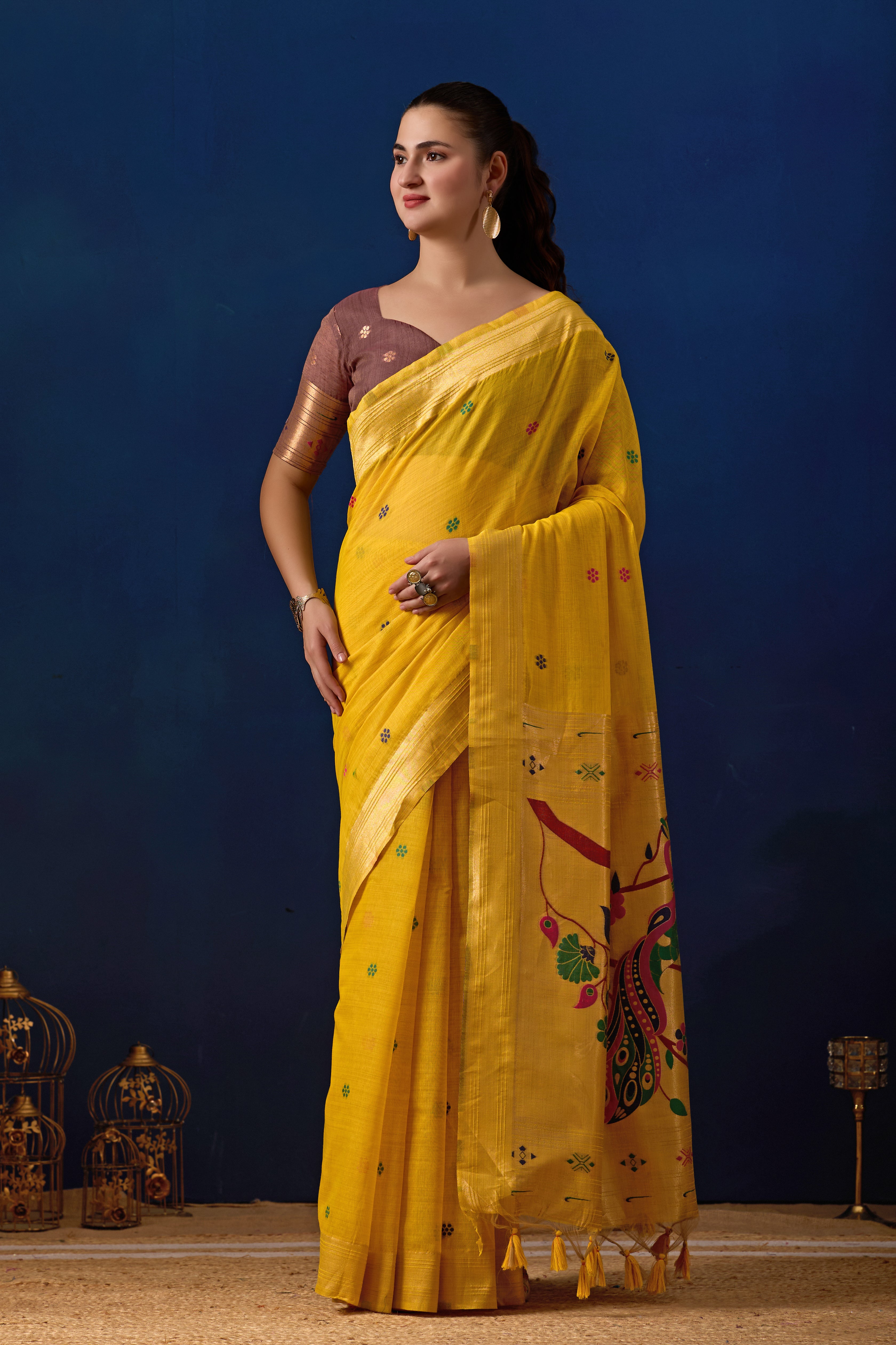 Royal Blossom Paithani Silk Saree in Yellow with Maroon Contrast