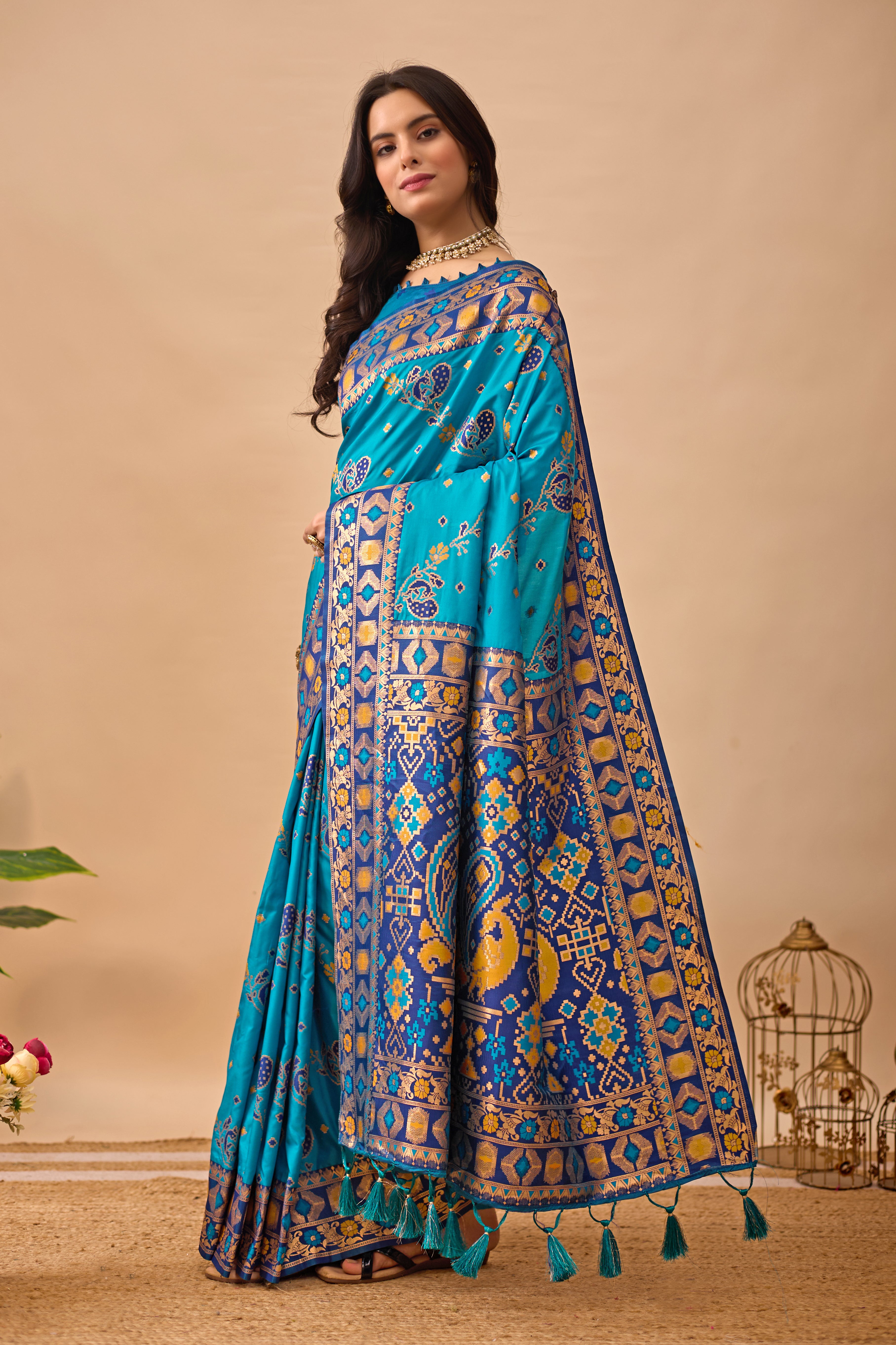 Firozi Banarasi Silk Saree with Peacock Motifs & Navy Blue Contrast Pallu
