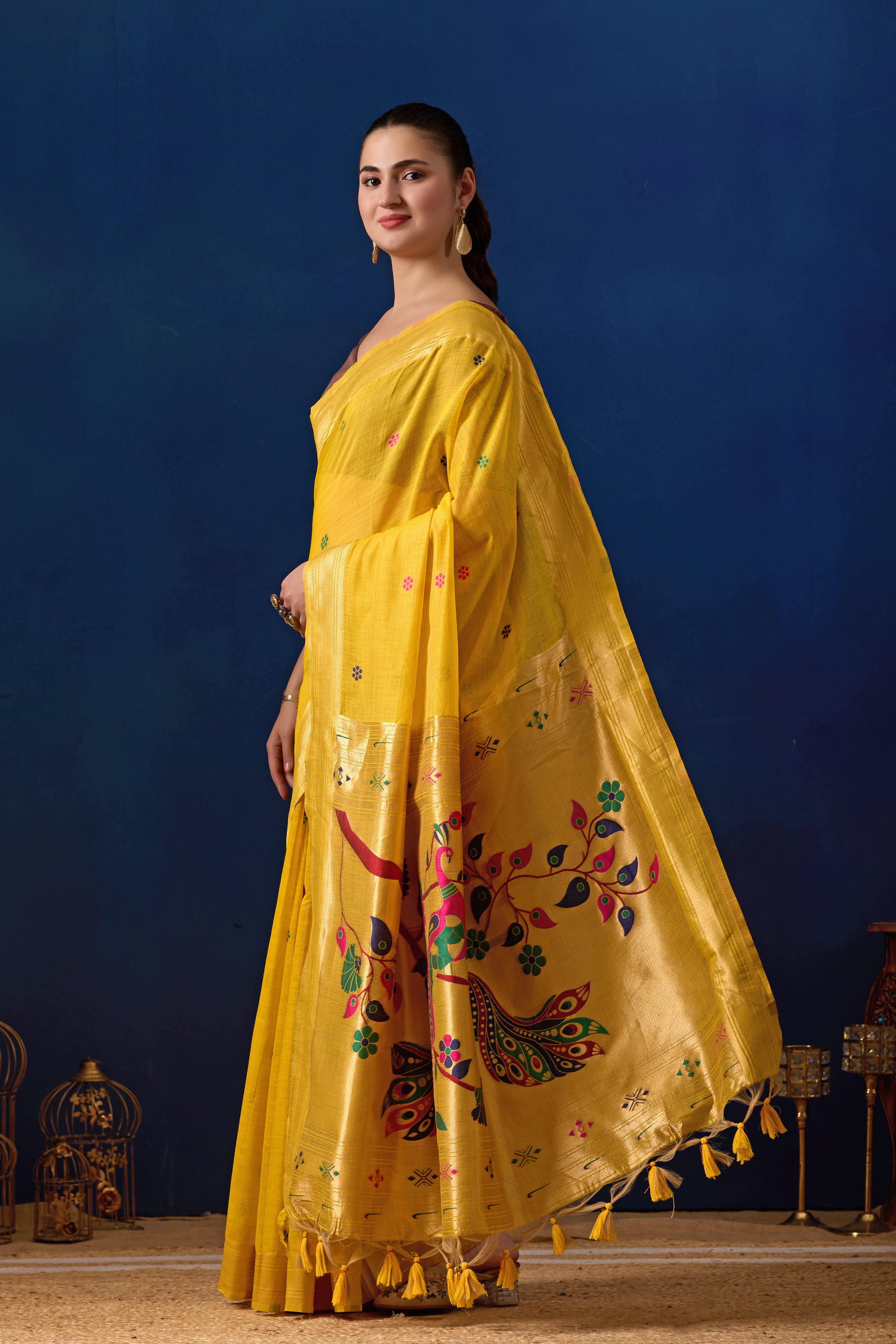 Royal Blossom Paithani Silk Saree in Yellow with Maroon Contrast