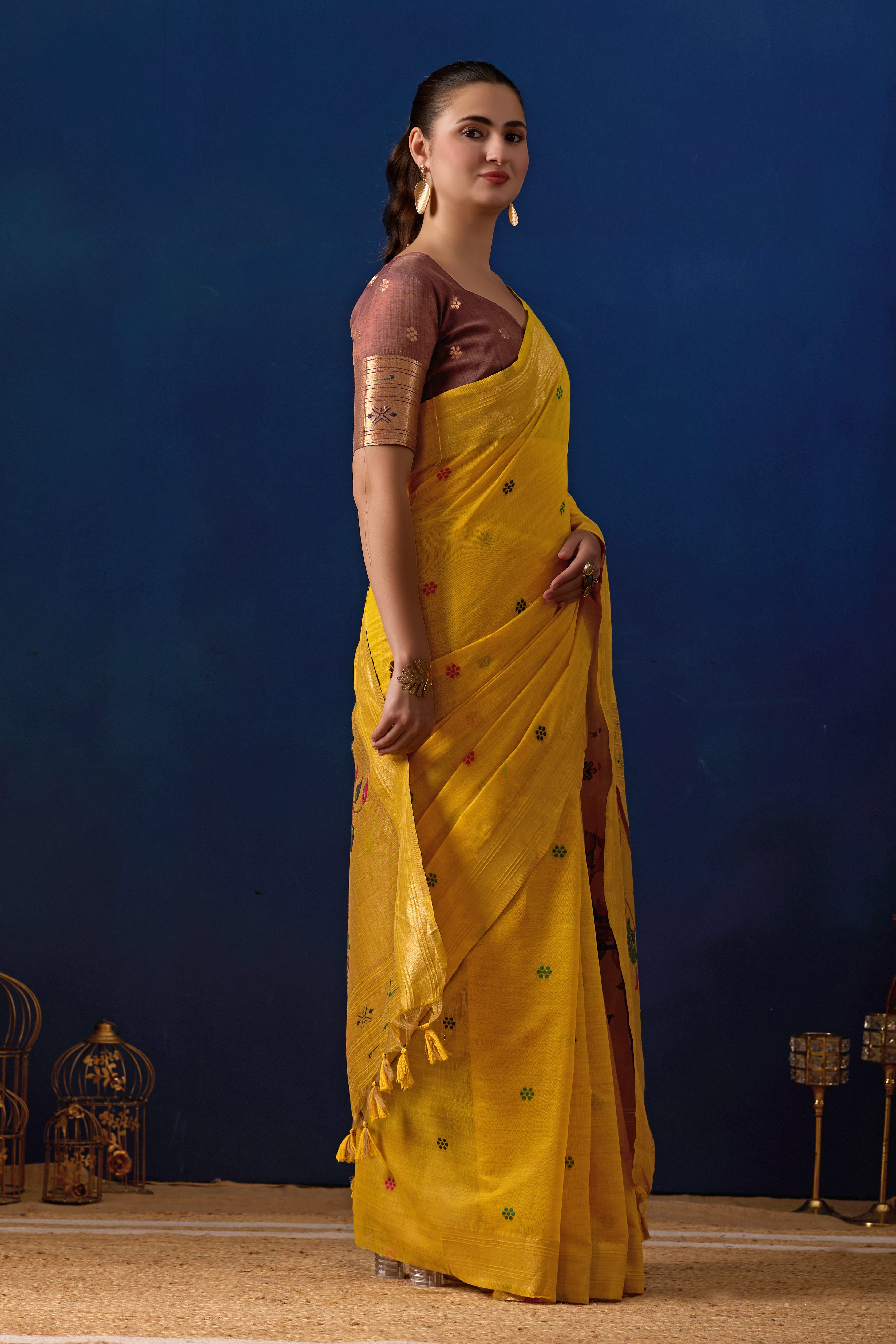 Royal Blossom Paithani Silk Saree in Yellow with Maroon Contrast