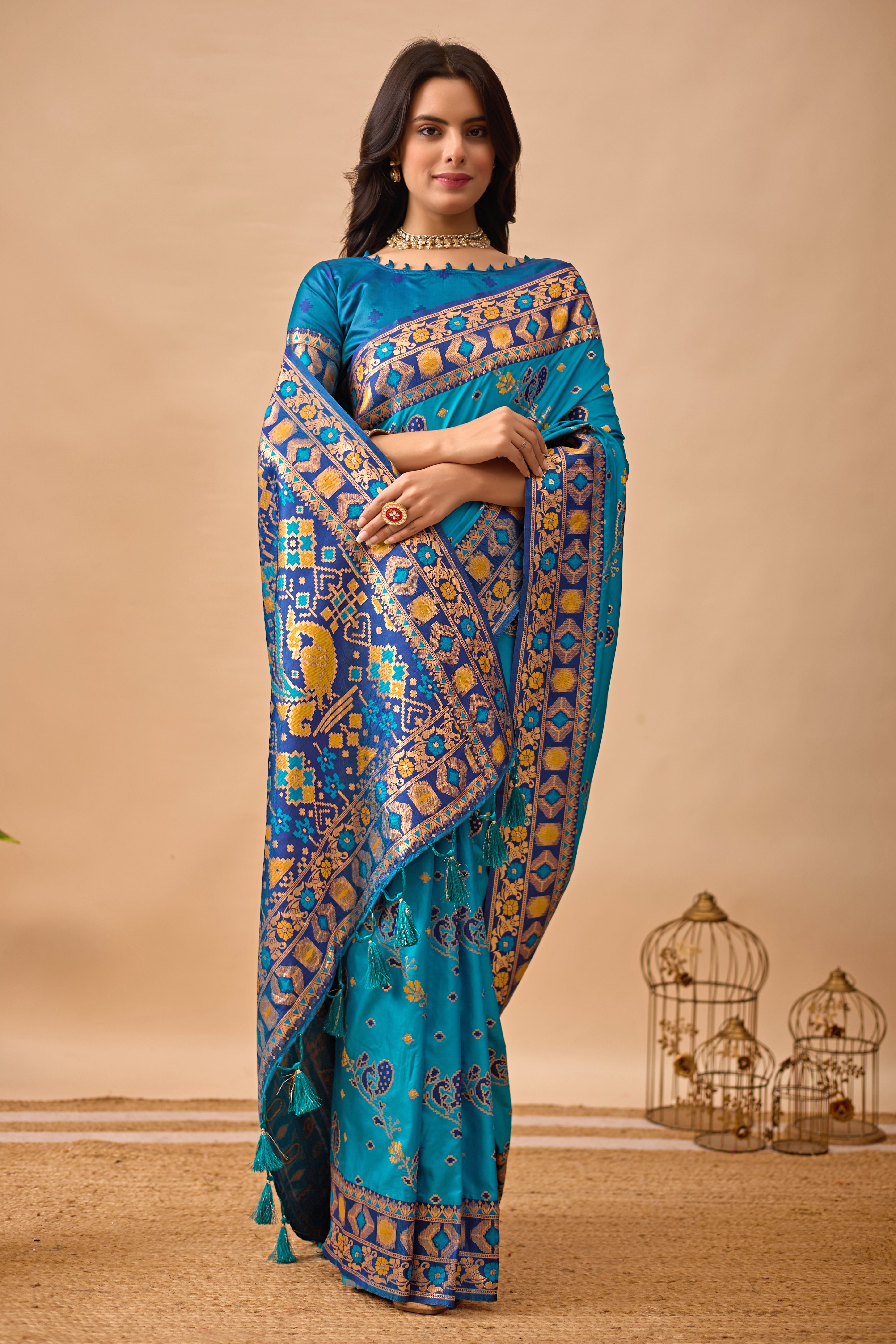 Firozi Banarasi Silk Saree with Peacock Motifs & Navy Blue Contrast Pallu