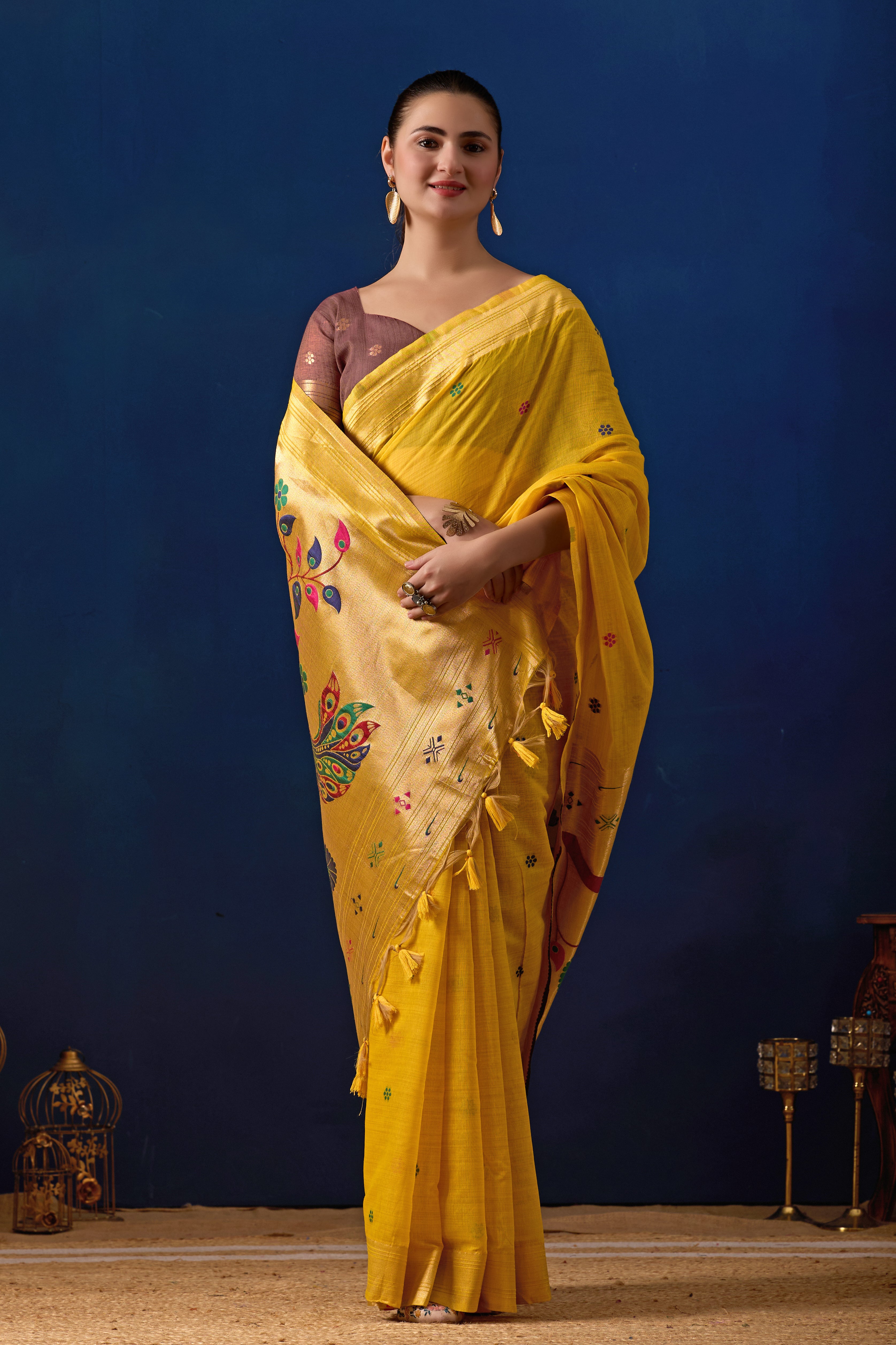 Royal Blossom Paithani Silk Saree in Yellow with Maroon Contrast