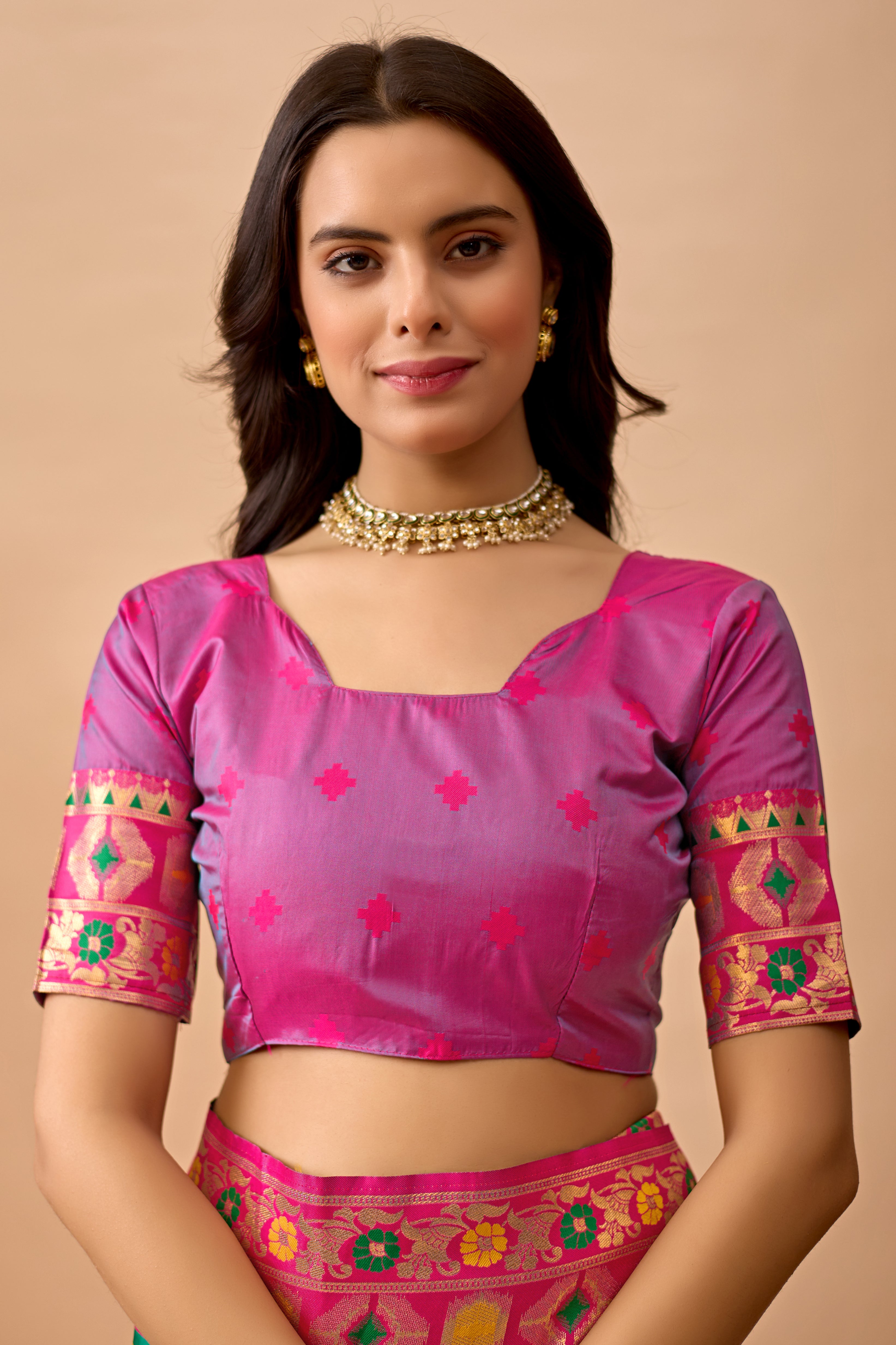 Parrot Green Banarasi Silk Saree with Peacock Motifs & Rani Contrast Pallu