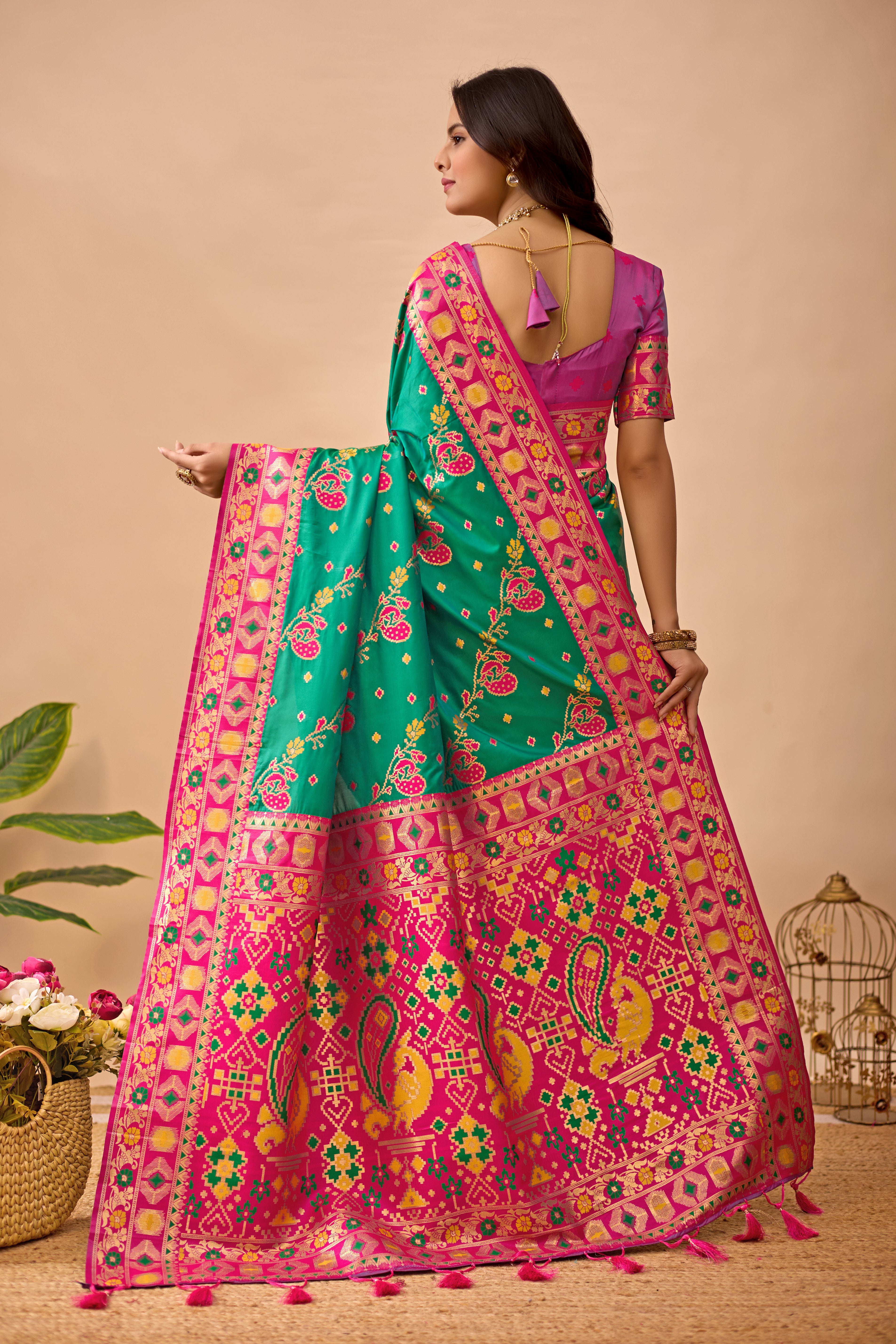 Parrot Green Banarasi Silk Saree with Peacock Motifs & Rani Contrast Pallu