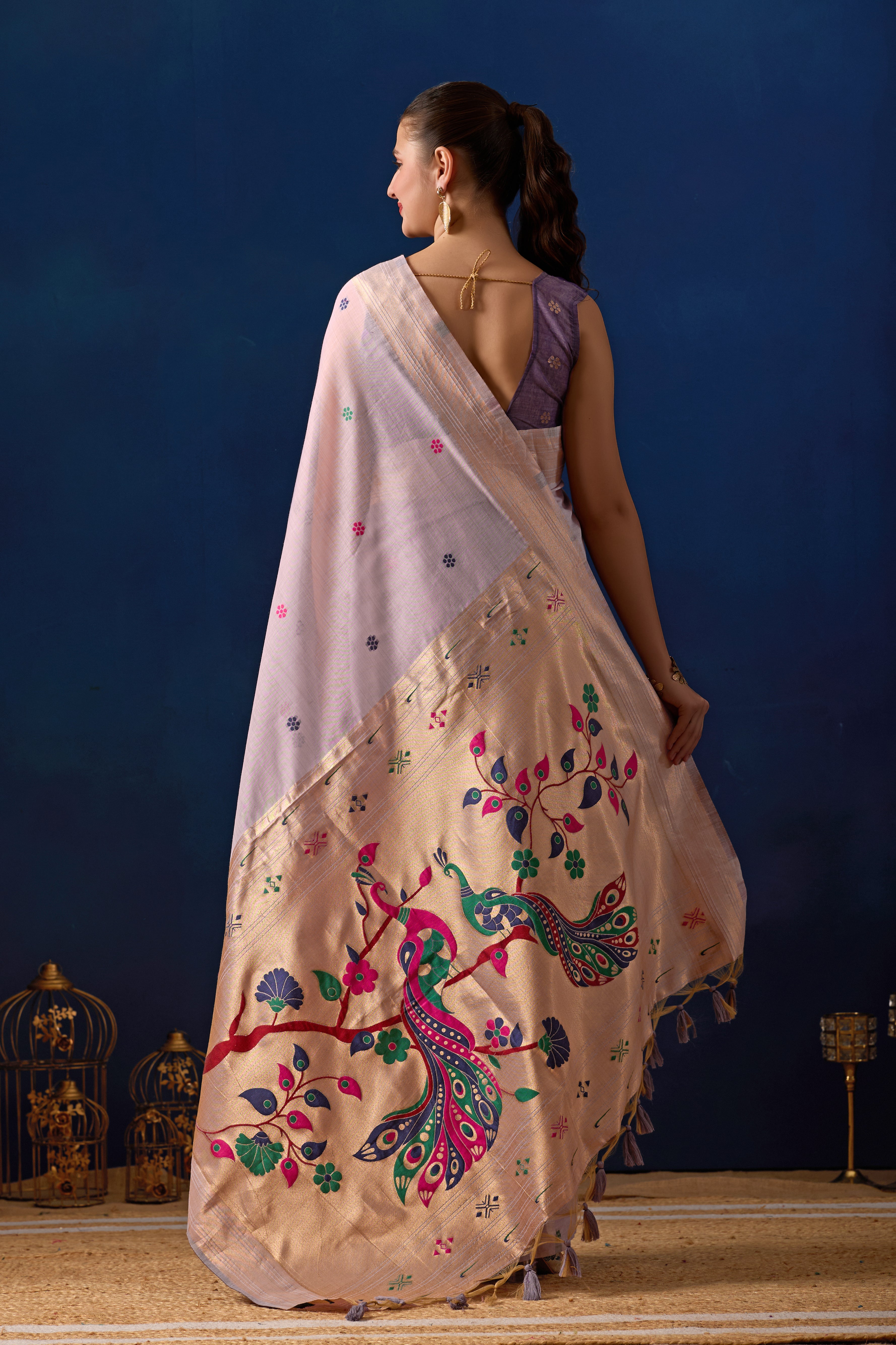 Royal Blossom Paithani Silk Saree in Lavender with Majanta Contrast